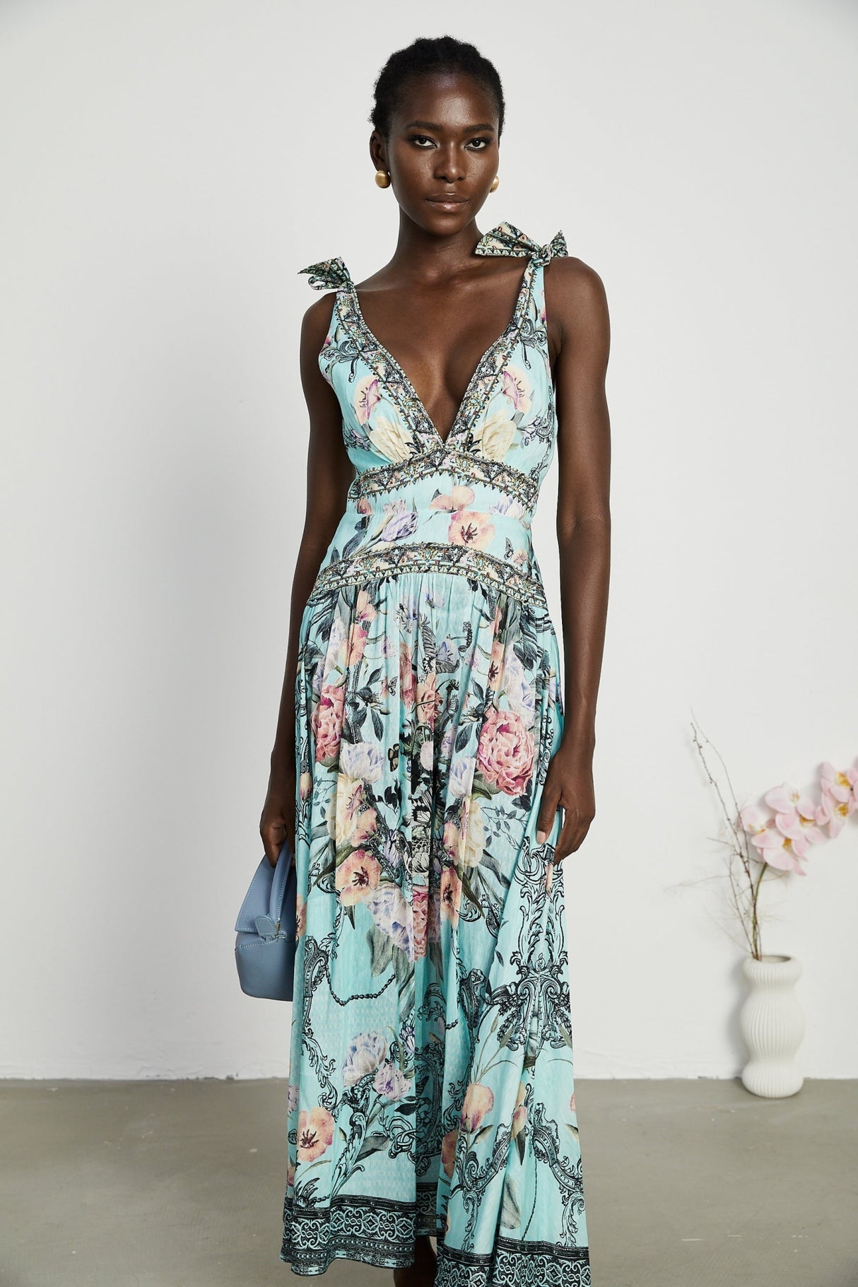 Kara Midi Dress Green Floral Lace Crystal Embellished Tie - Shoulder