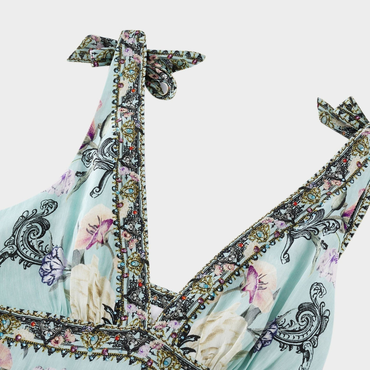 Kara Midi Dress Green Floral Lace Crystal Embellished Tie - Shoulder