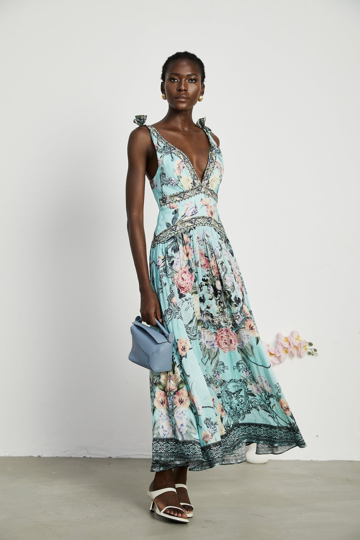 Kara Midi Dress Green Floral Lace Crystal Embellished Tie - Shoulder