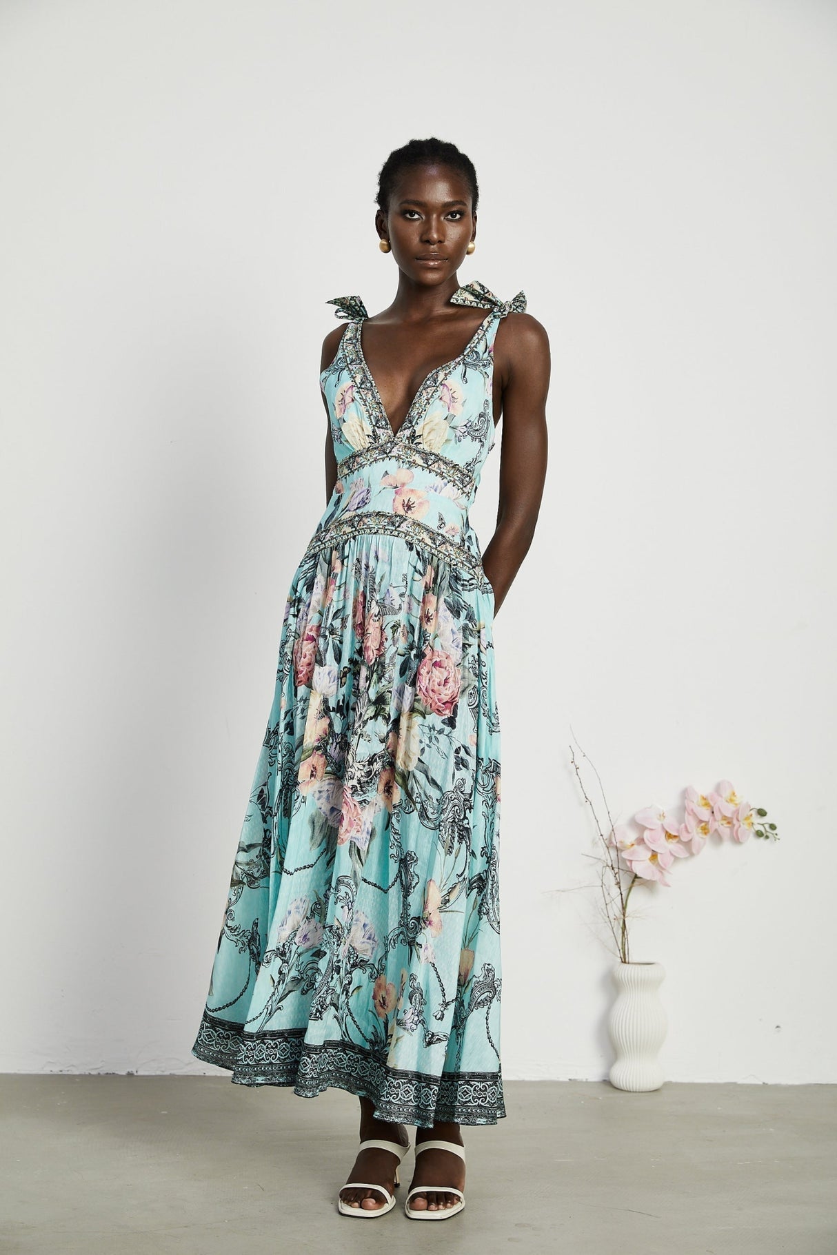 Kara Midi Dress Green Floral Lace Crystal Embellished Tie - Shoulder