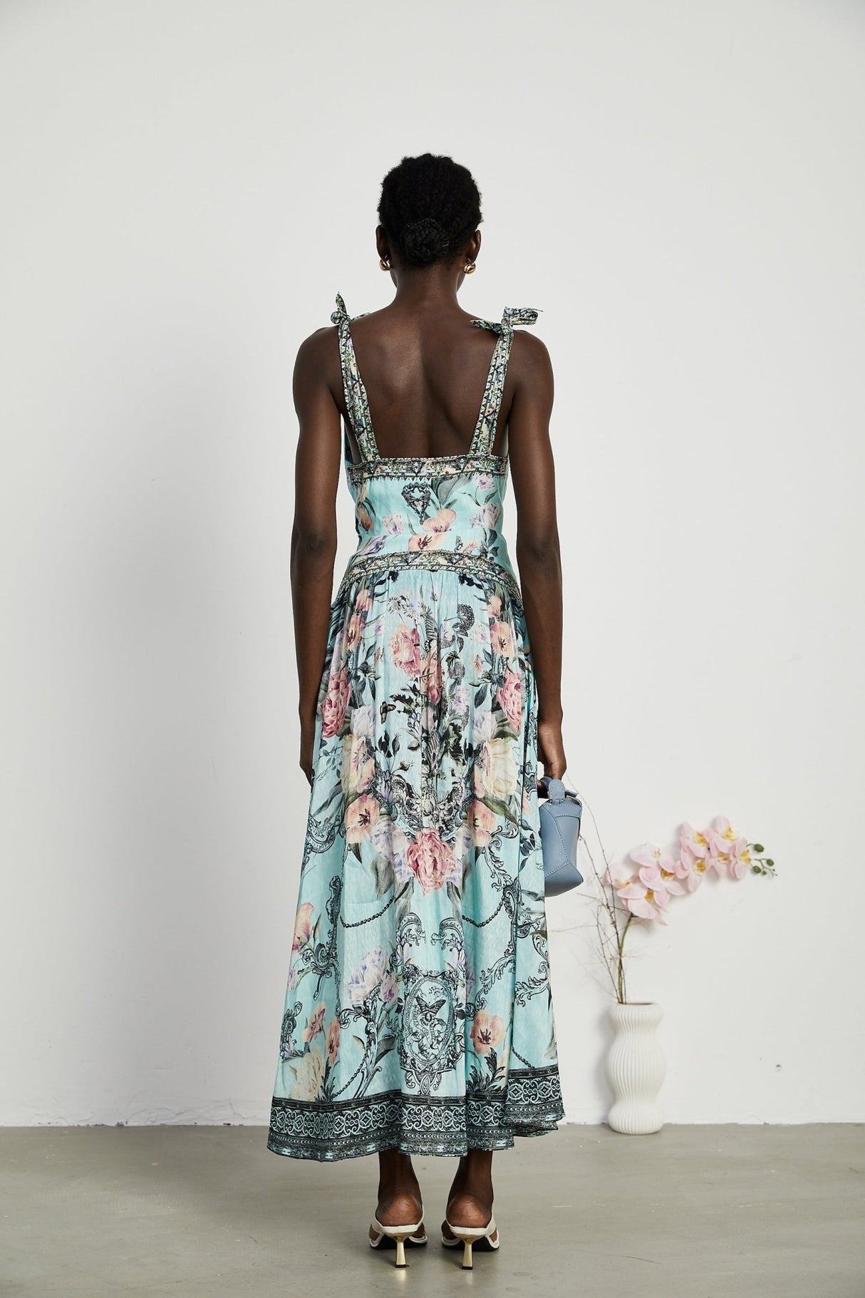 Kara Midi Dress Green Floral Lace Crystal Embellished Tie - Shoulder