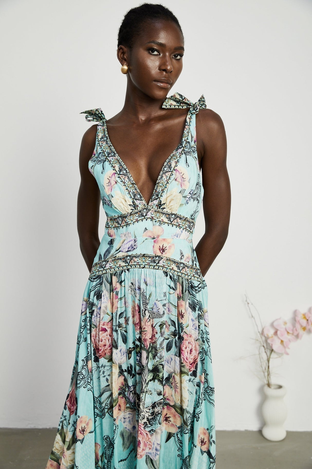 Kara Midi Dress Green Floral Lace Crystal Embellished Tie - Shoulder