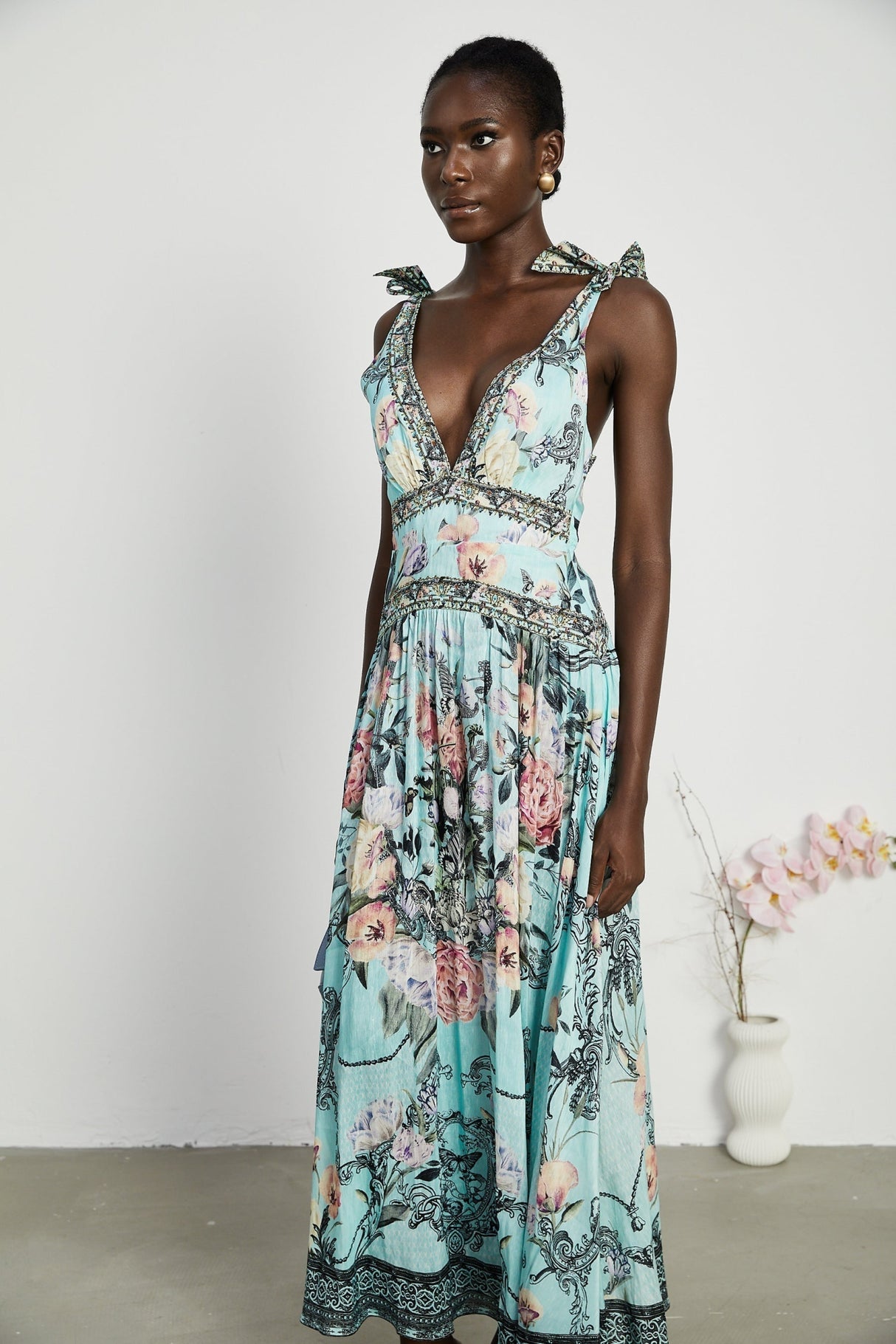 Kara Midi Dress Green Floral Lace Crystal Embellished Tie - Shoulder