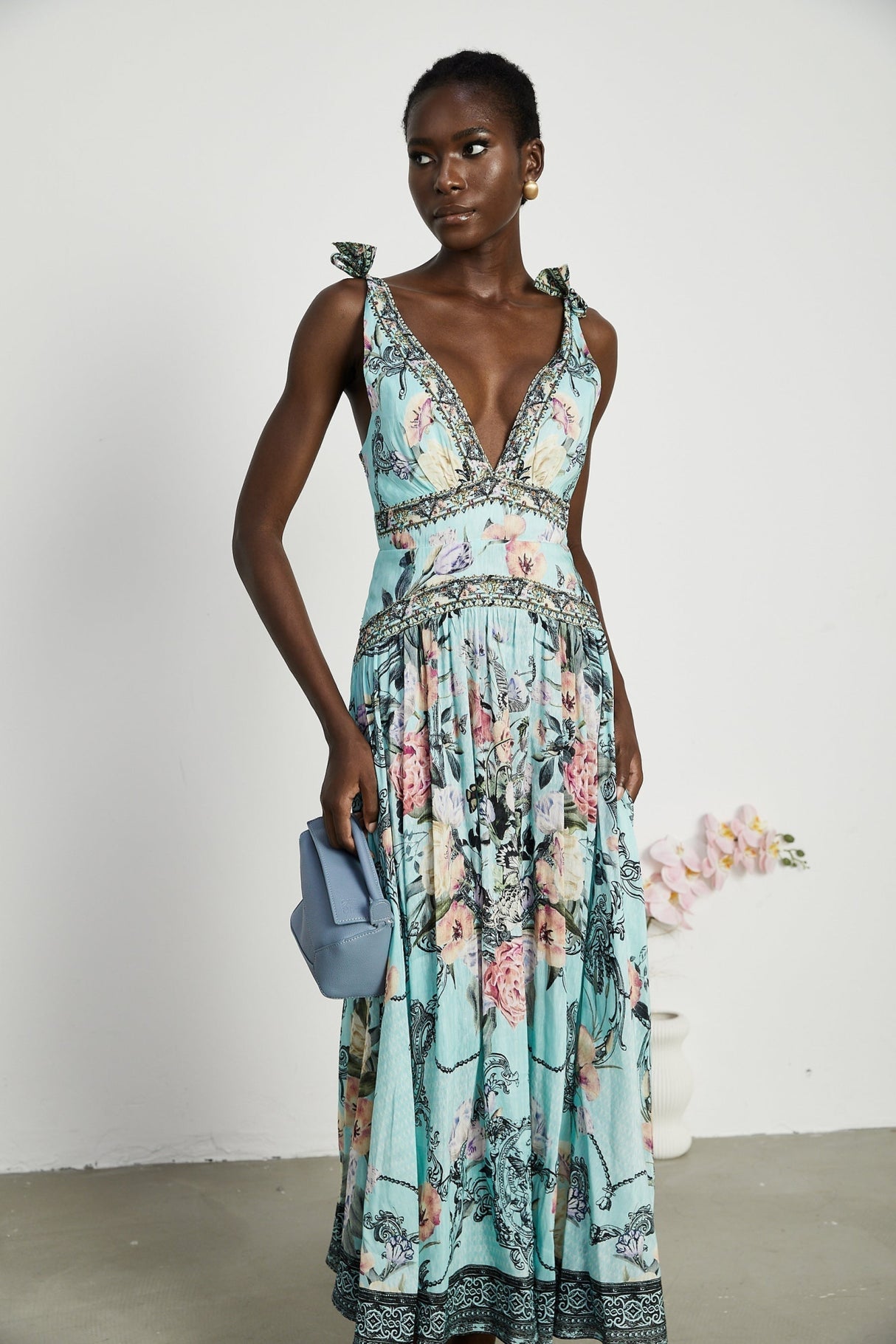 Kara Midi Dress - V Neck - Sleeveless - Tied Shoulder Straps - Lace Trim - Floral Print
