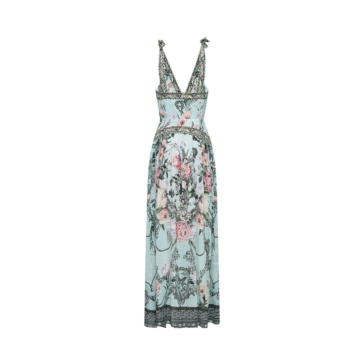 Kara Midi Dress - V Neck - Sleeveless - Tied Shoulder Straps - Lace Trim - Floral Print