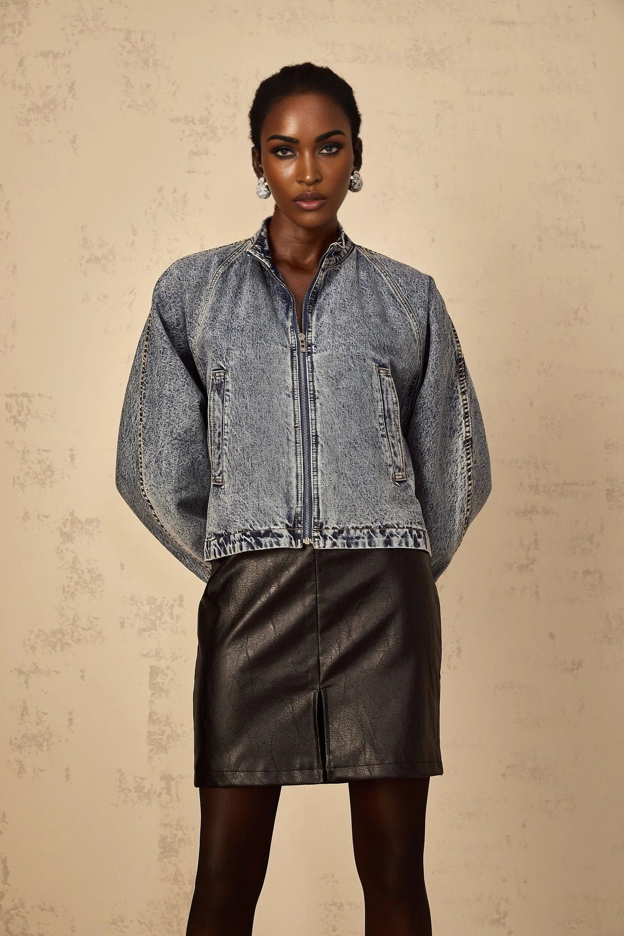 Karina Denim Jacket Blue Whiskering Contrast Stitching Zip Fastening Two Pockets
