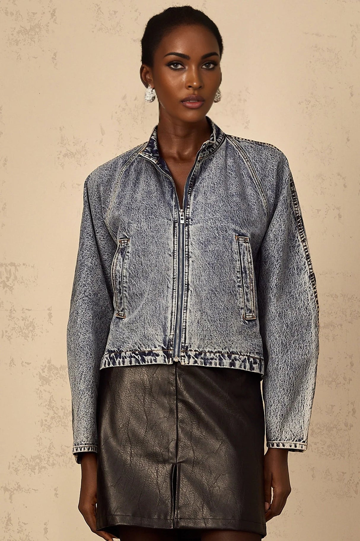Karina Denim Jacket Blue Whiskering Contrast Stitching Zip Fastening Two Pockets
