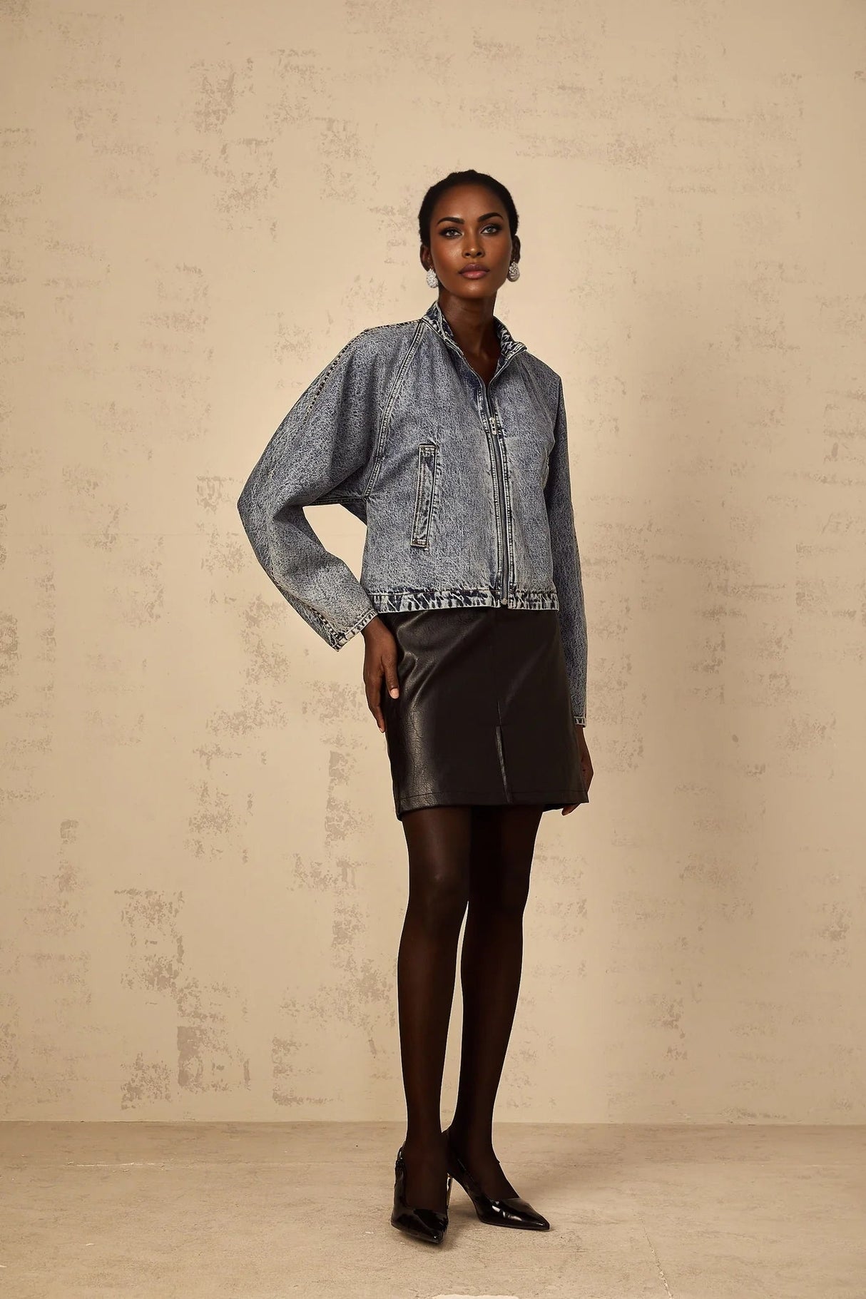 Karina Denim Jacket Blue Whiskering Contrast Stitching Zip Fastening Two Pockets