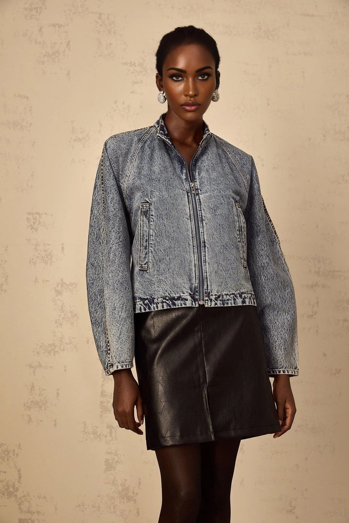 Karina Denim Jacket Blue Whiskering Contrast Stitching Zip Fastening Two Pockets