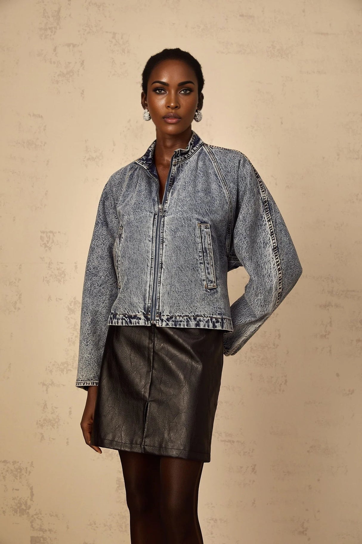 Karina Denim Jacket Blue Whiskering Contrast Stitching Zip Fastening Two Pockets