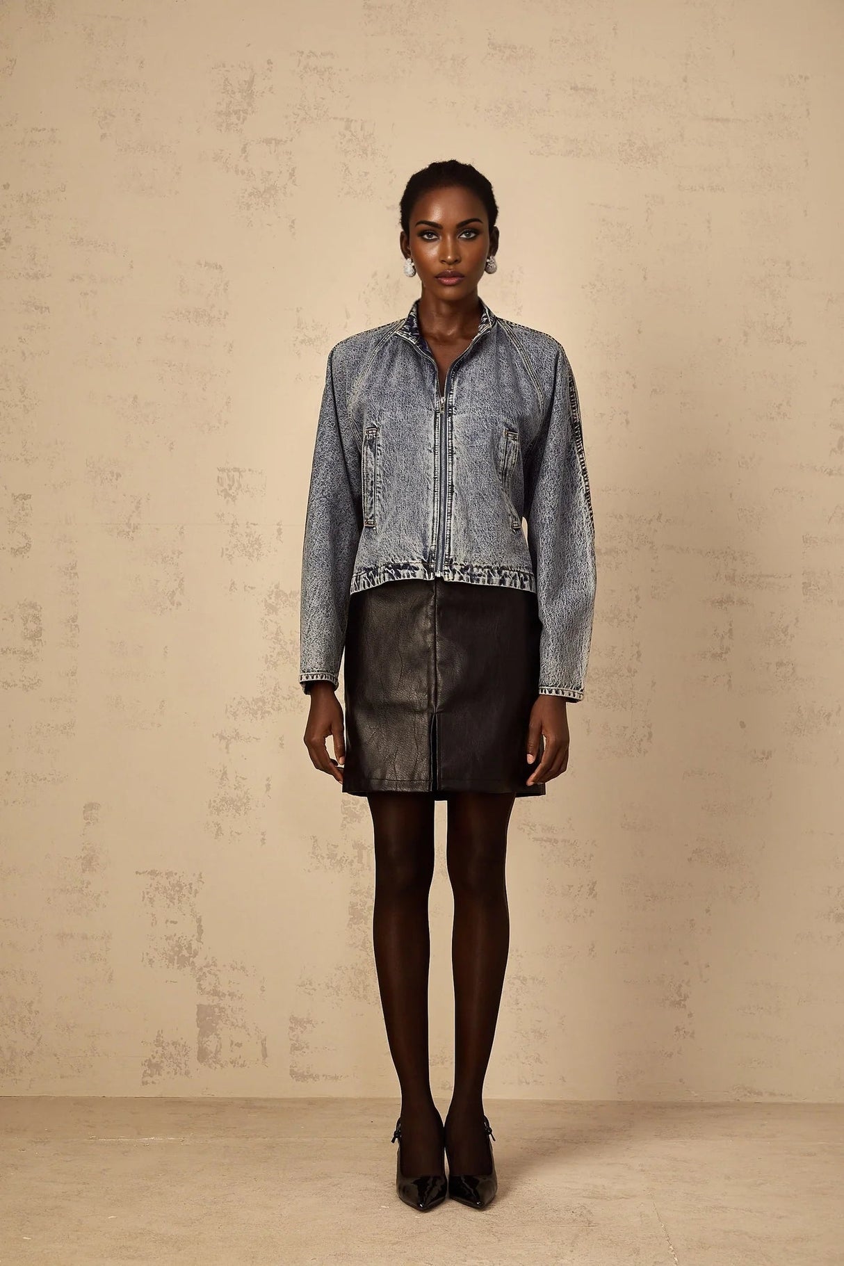 Karina Denim Jacket Blue Whiskering Contrast Stitching Zip Fastening Two Pockets