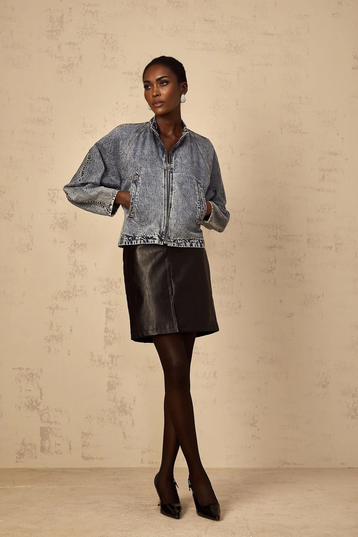 Karina Denim Jacket Blue Whiskering Contrast Stitching Zip Fastening Two Pockets