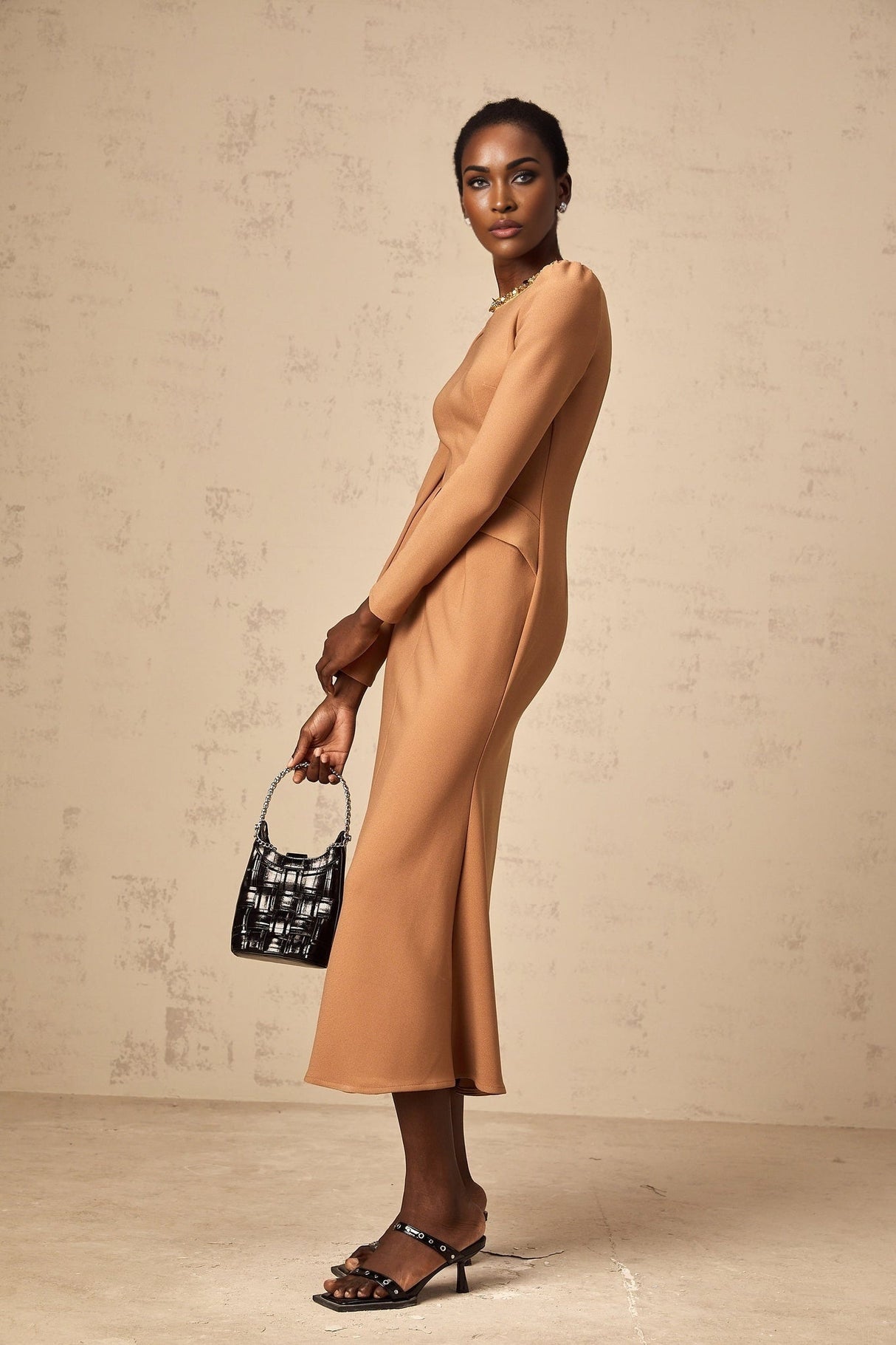 Karina Khaki Midi Dress with Sequin Embellishment