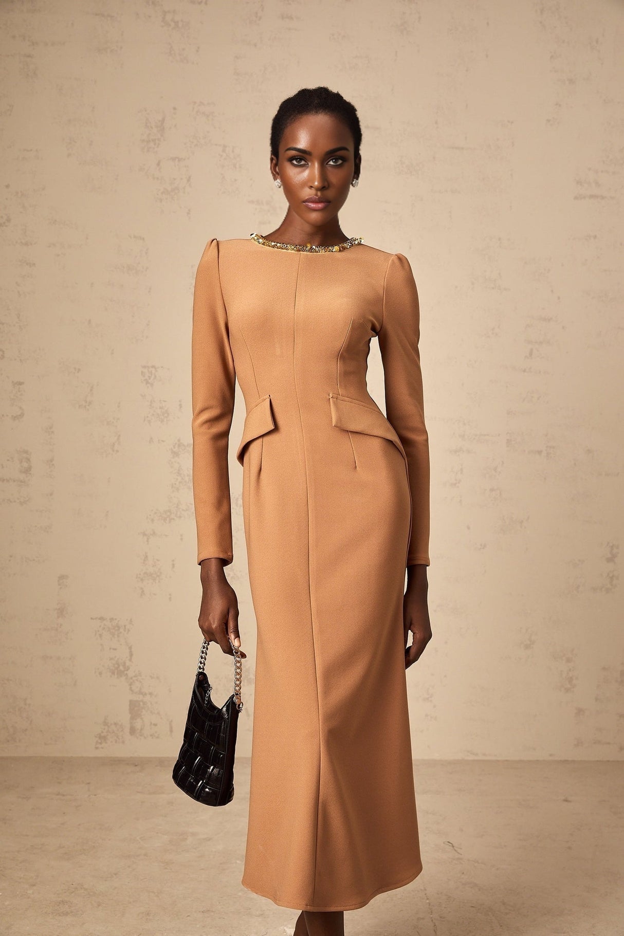 Karina Khaki Midi Dress with Sequin Embellishment