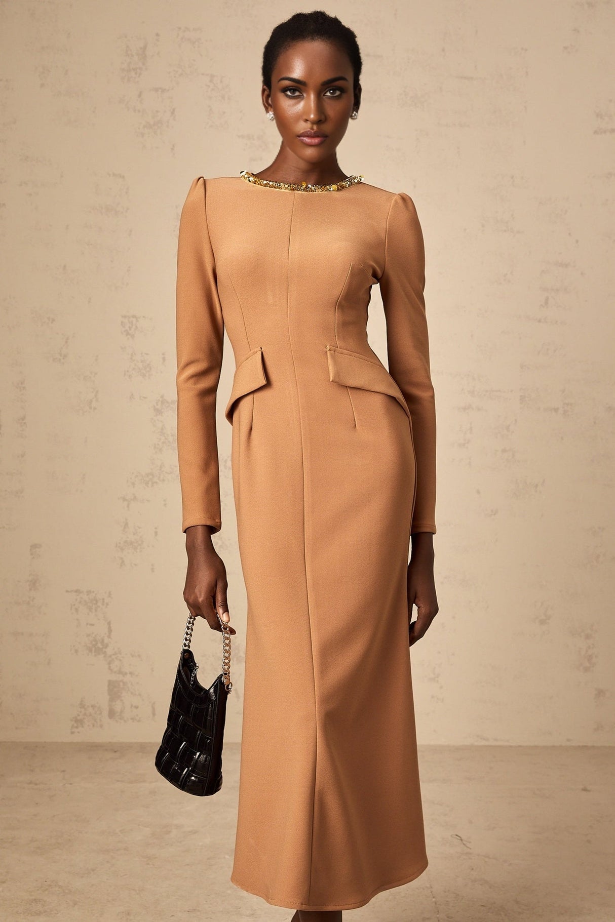 Karina Khaki Midi Dress with Sequin Embellishment