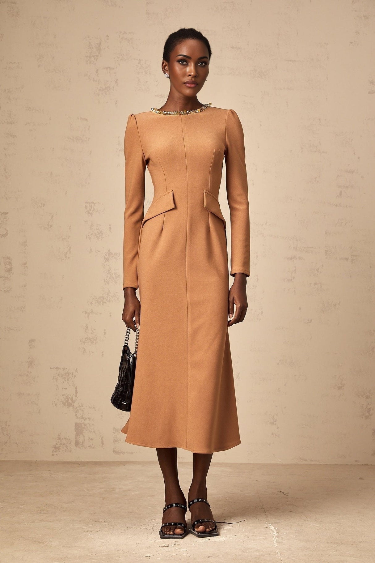 Karina Khaki Midi Dress with Sequin Embellishment