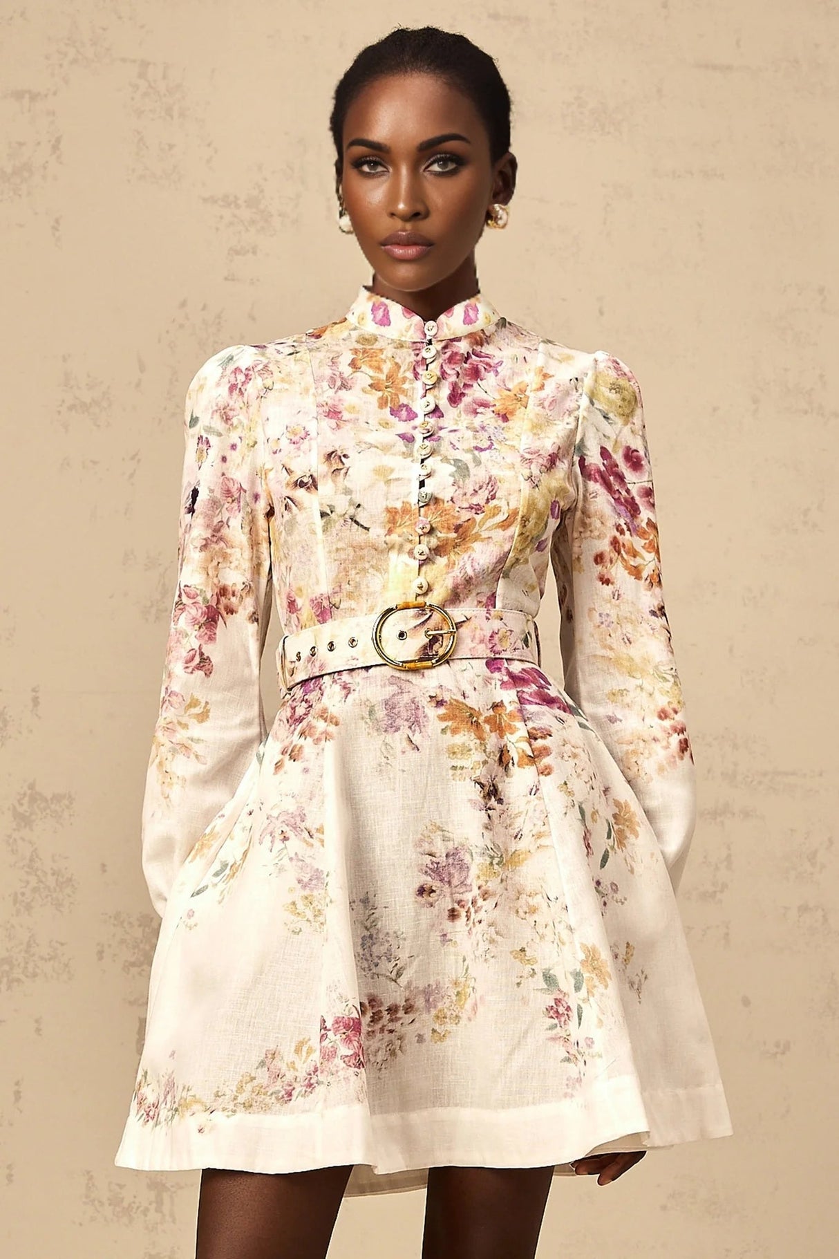 Karina Mini Dress White & Multicolor Floral Print Belted Button - Front Mini - Length