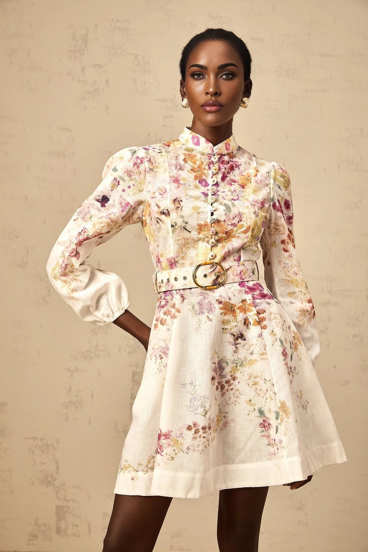 Karina Mini Dress White & Multicolor Floral Print Belted Button - Front Mini - Length