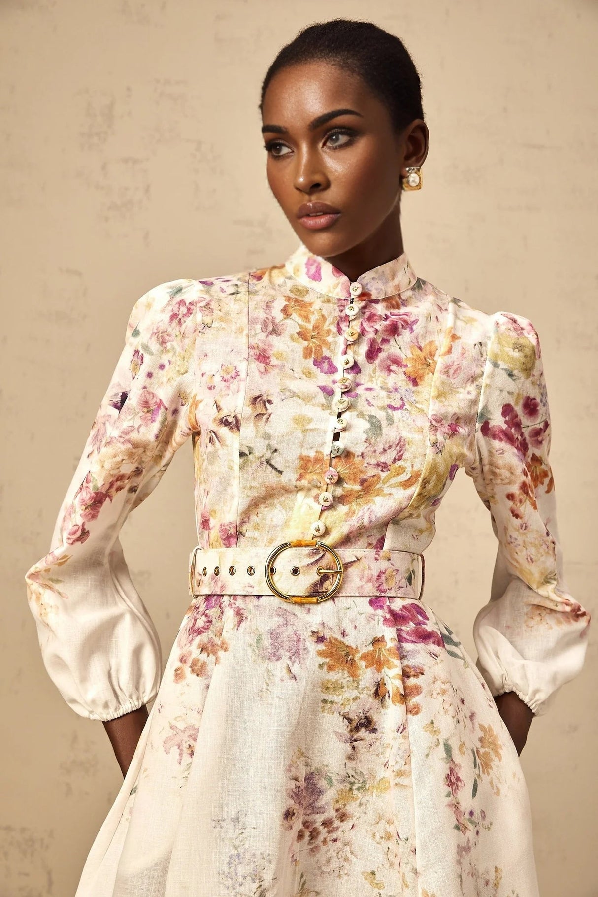 Karina Mini Dress White & Multicolor Floral Print Belted Button - Front Mini - Length