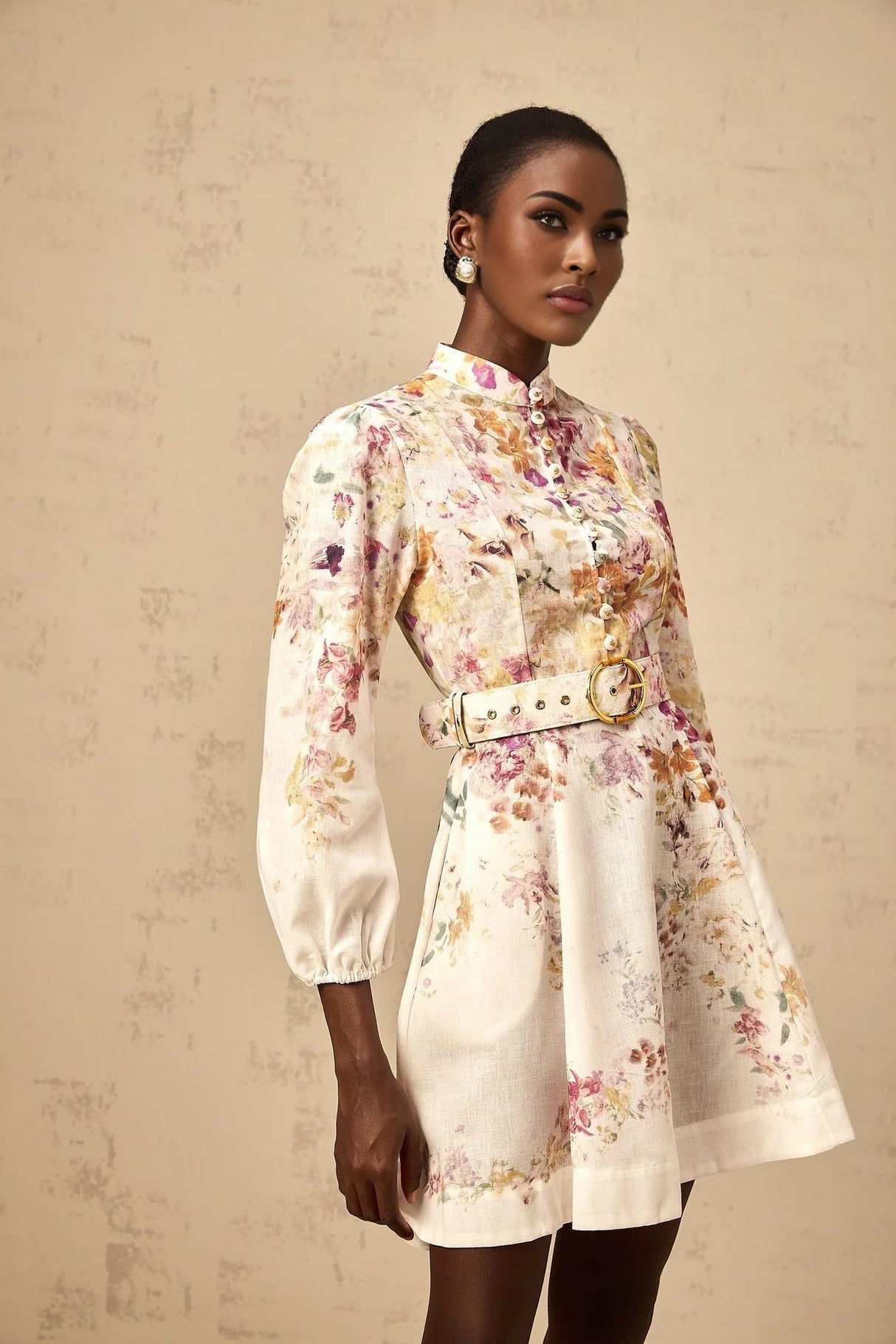 Karina Mini Dress White & Multicolor Floral Print Belted Button - Front Mini - Length