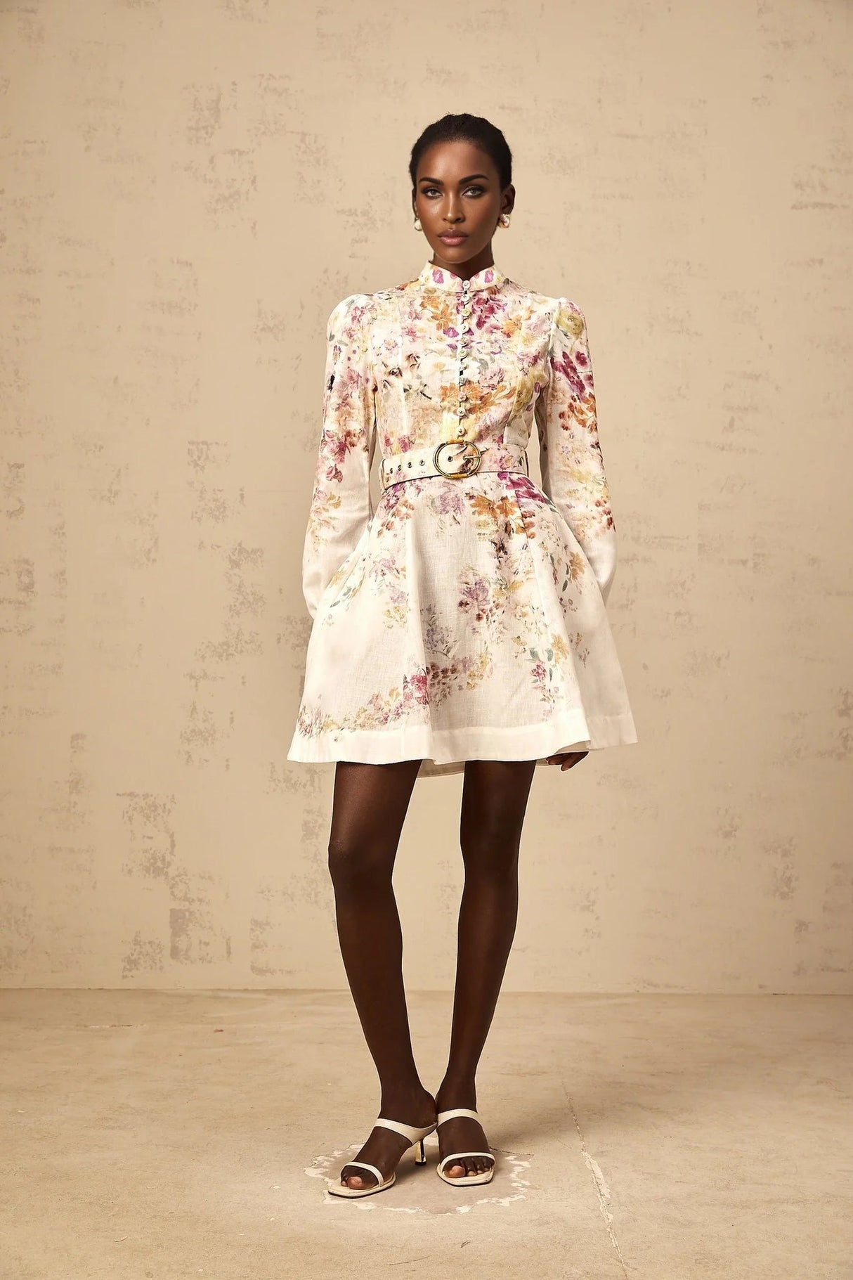 Karina Mini Dress White & Multicolor Floral Print Belted Button - Front Mini - Length