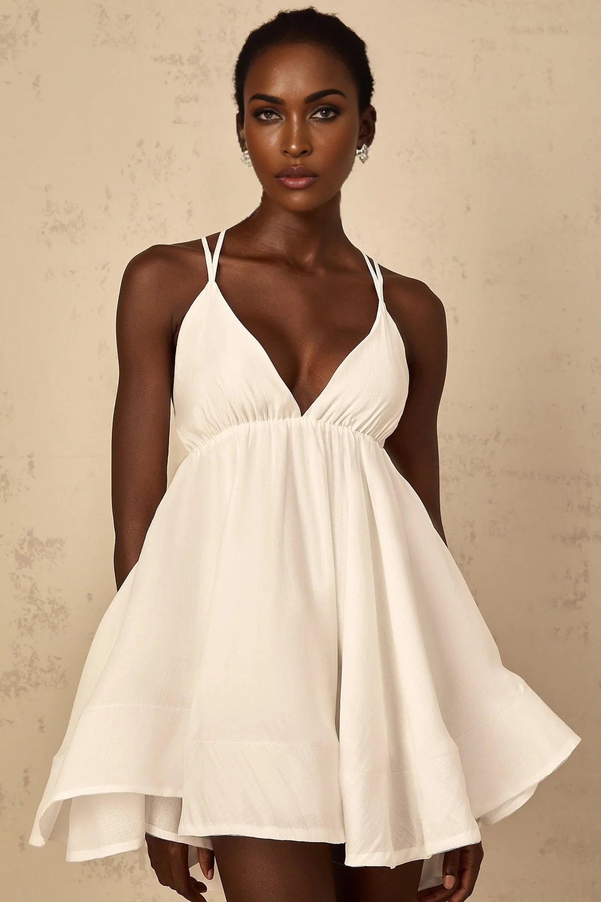 Karina Mini Dress White Shirred Flounce V - Neck Sleeveless Tie - Back & Thigh - Length