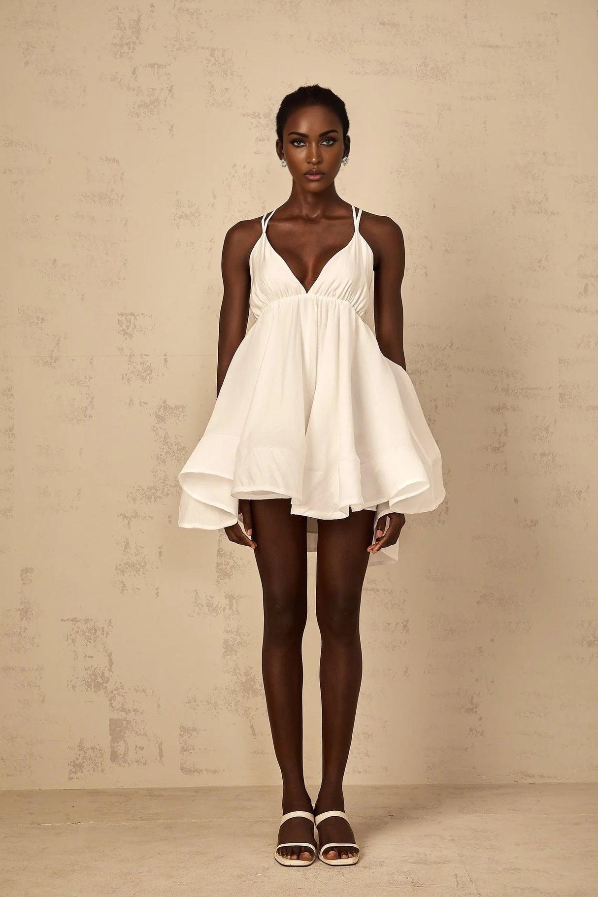Karina Mini Dress White Shirred Flounce V - Neck Sleeveless Tie - Back & Thigh - Length