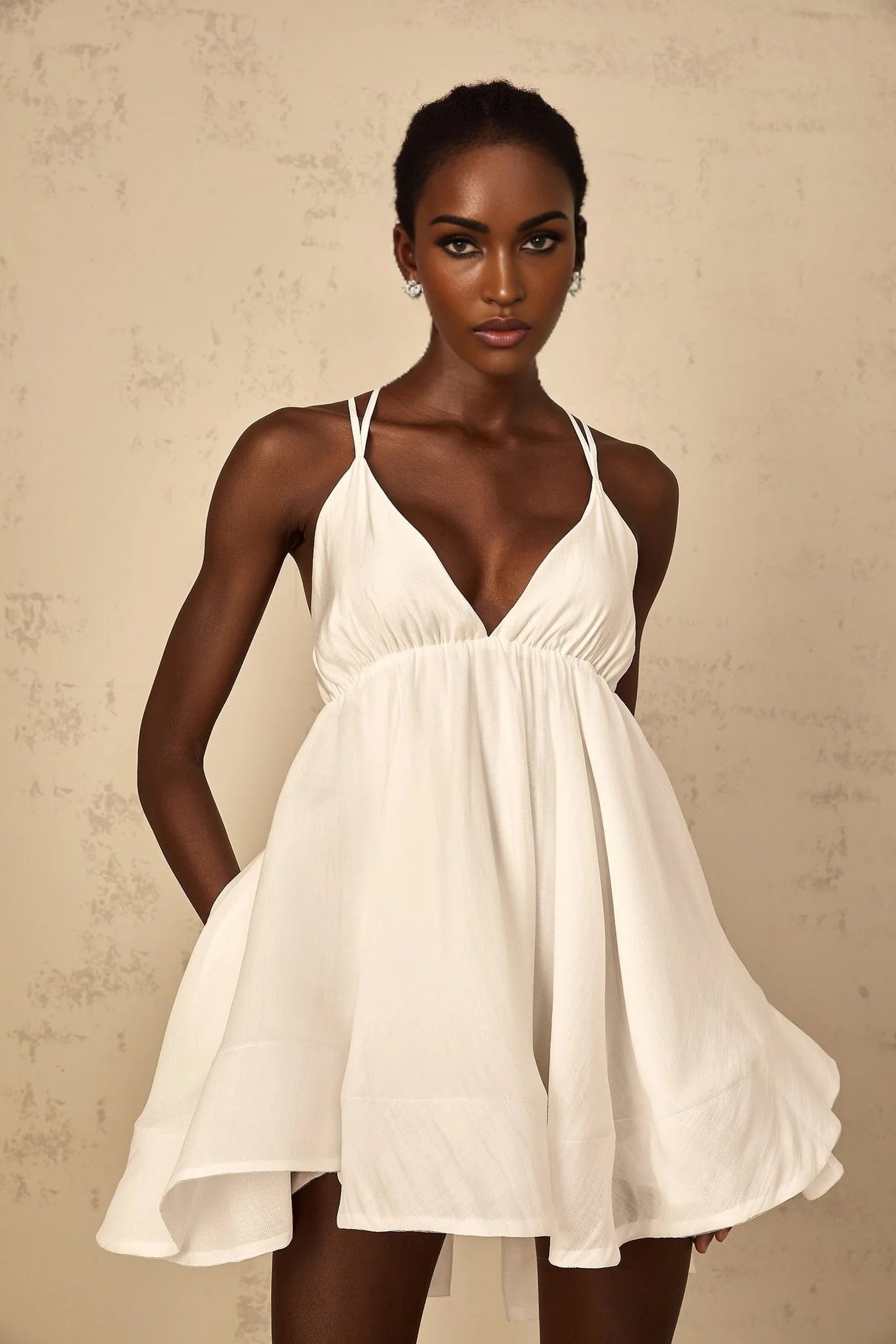 Karina Mini Dress White Shirred Flounce V - Neck Sleeveless Tie - Back & Thigh - Length