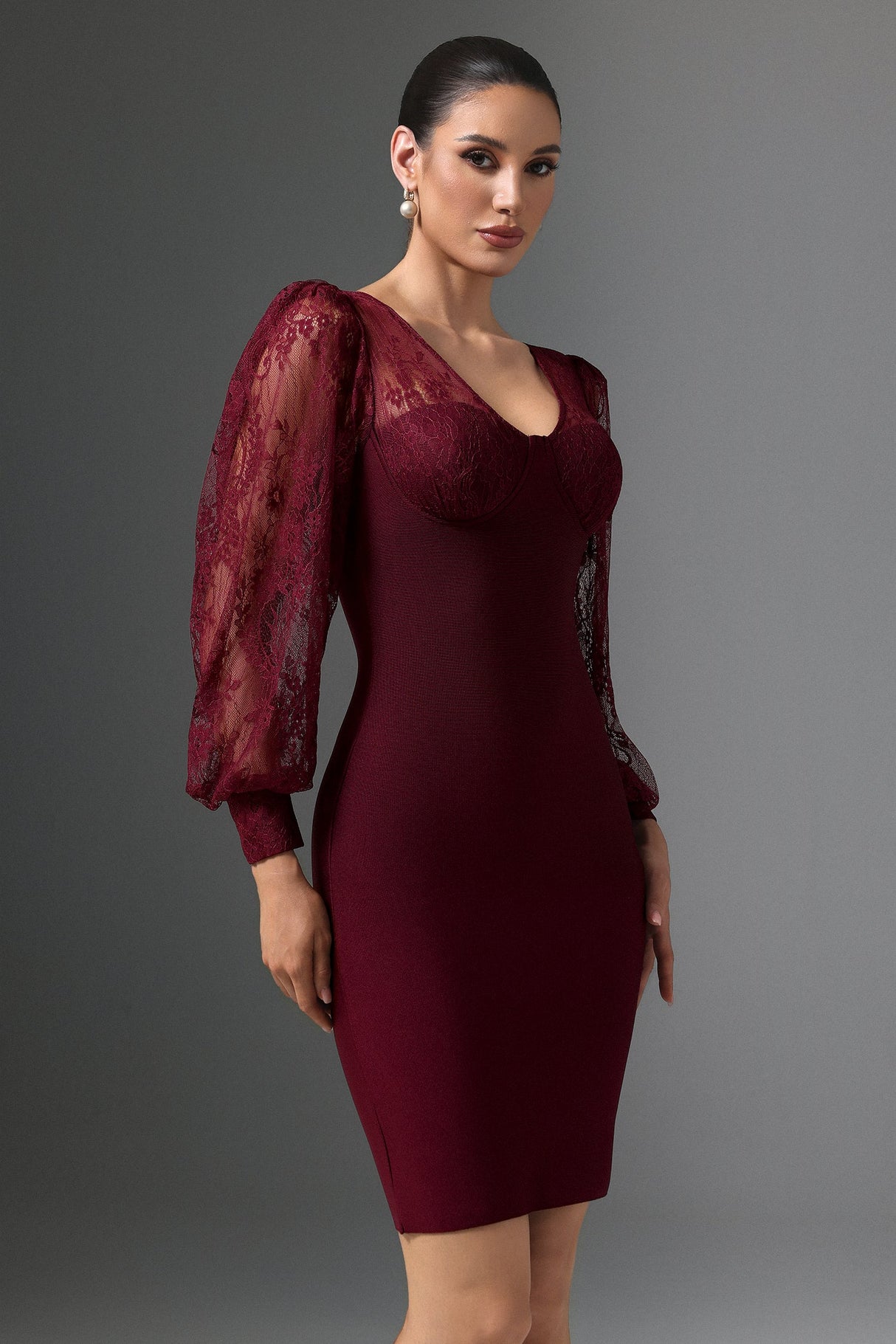 Karina Red Lace Bandage Dress V-neckline Long Sleeves Cocktail Event Romantic Dinner Elegant Sophisticated