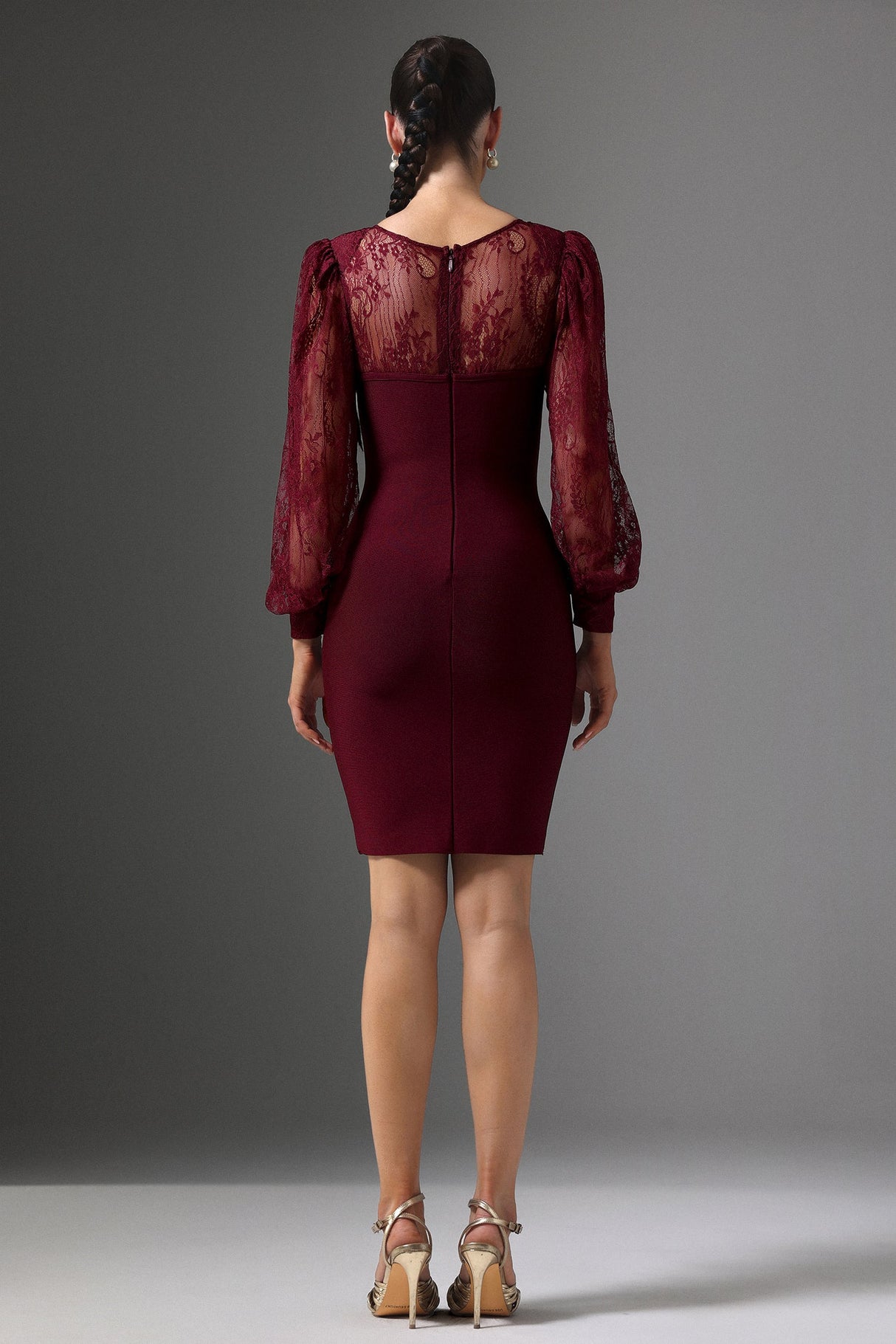Karina Red Lace Bandage Dress V-Neckline Long Sleeves Cocktail Event Elegant Sophisticated