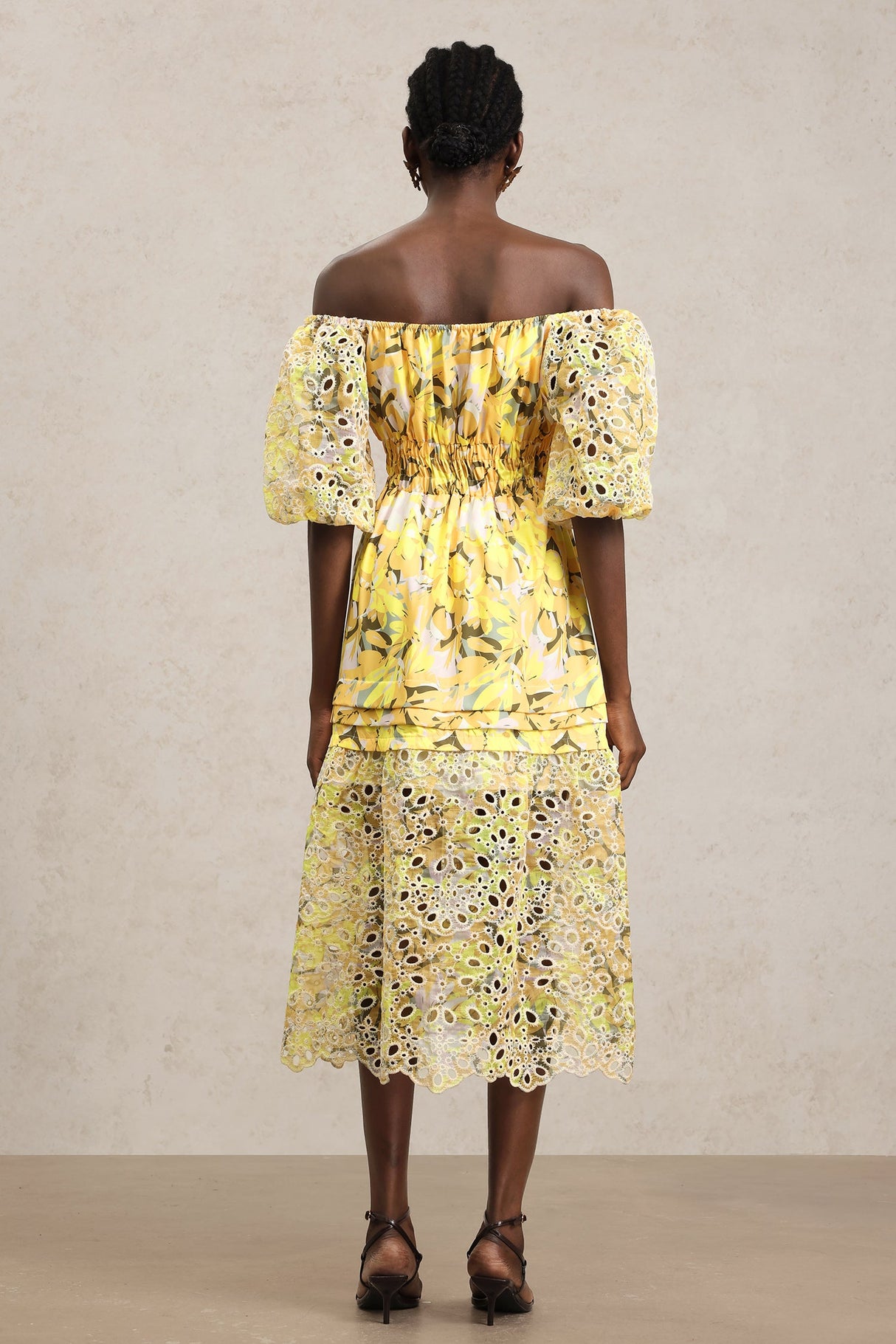 Karina Yellow Floral Lace Tiered Dress with Puff Sleeves
