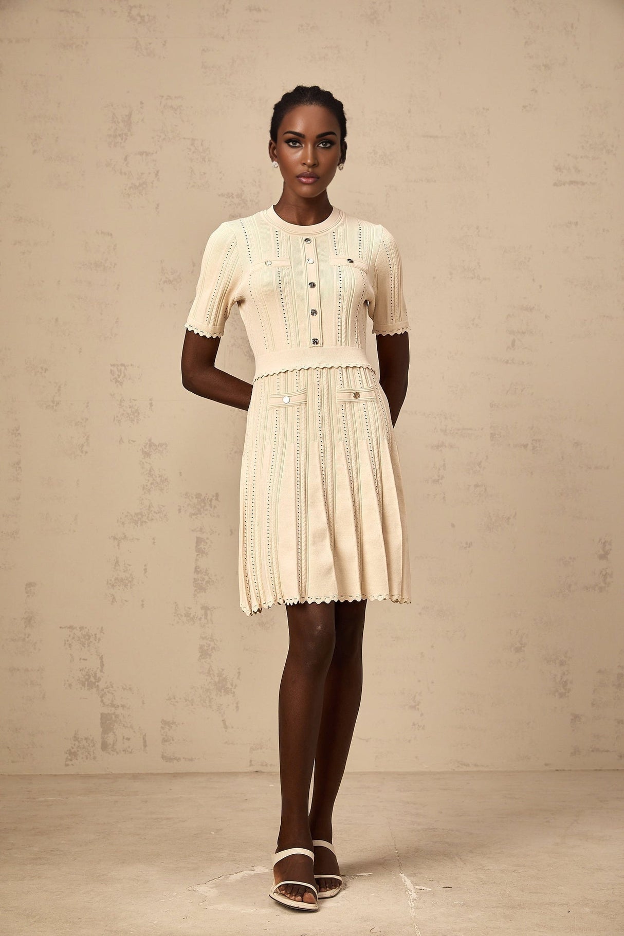 Katherine Mini Dress with Round Neck, Cinched Waist and Pleated Details