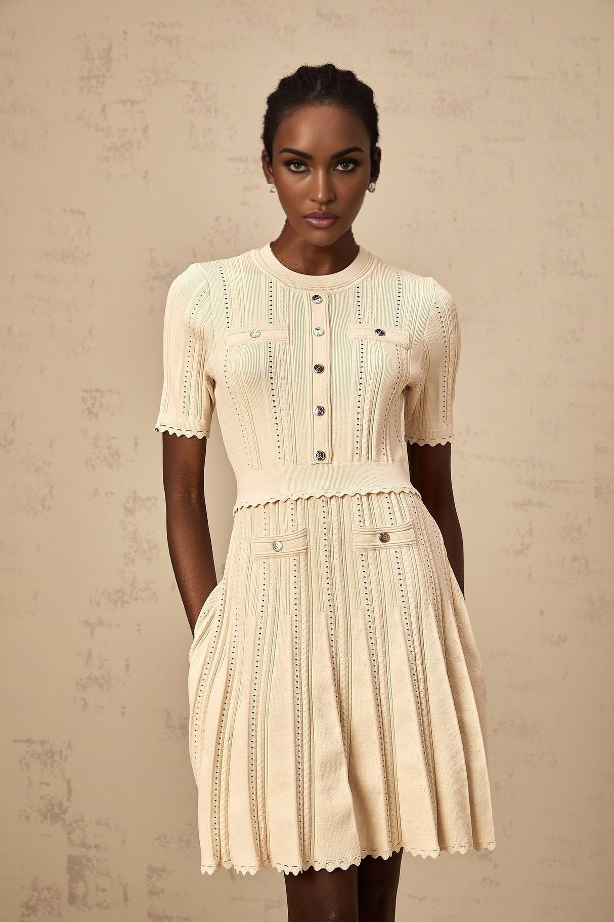 Katherine Mini Dress with Round Neck, Cinched Waist and Pleated Details