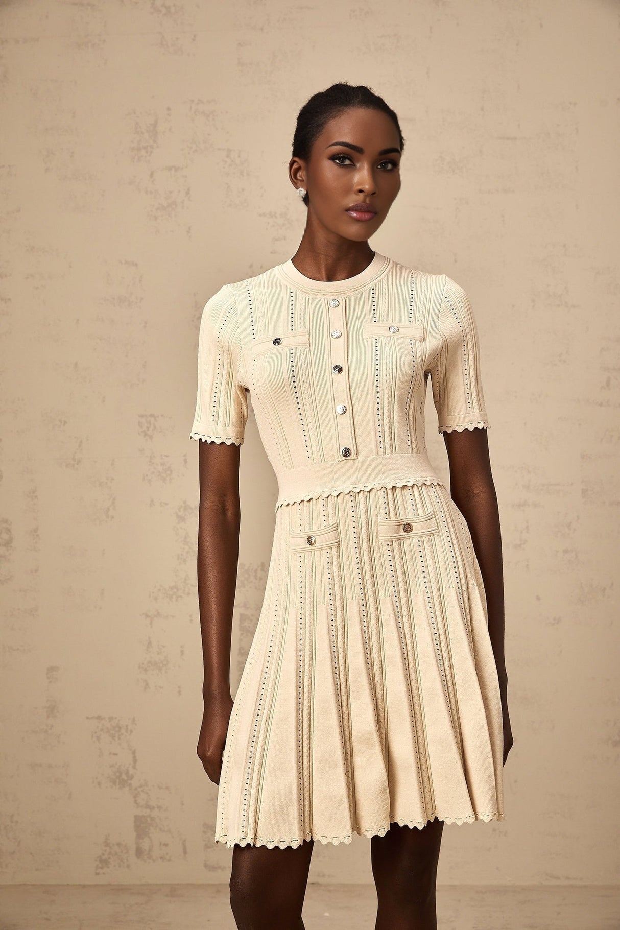 Katherine Mini Dress with Round Neck, Cinched Waist and Pleated Details