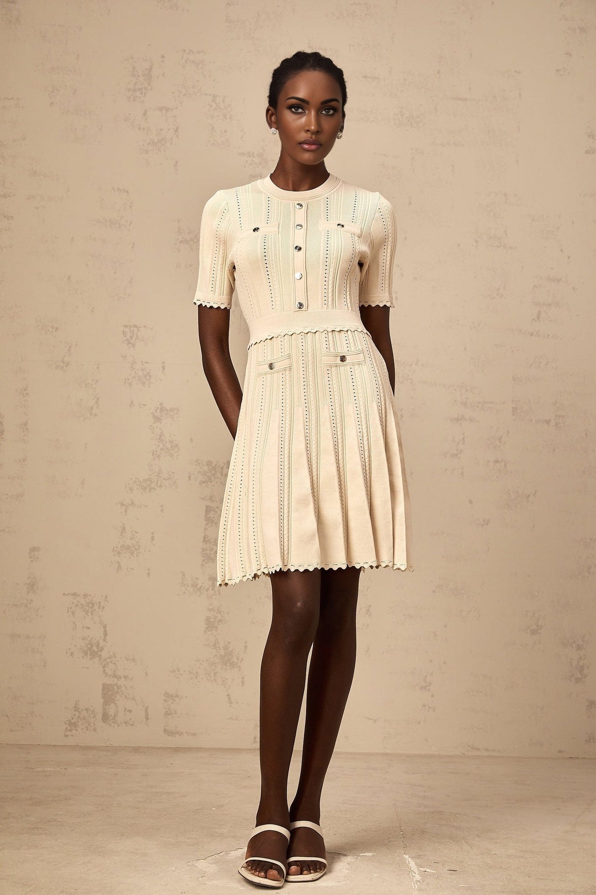Katherine Mini Dress with Round Neck, Cinched Waist and Pleated Details