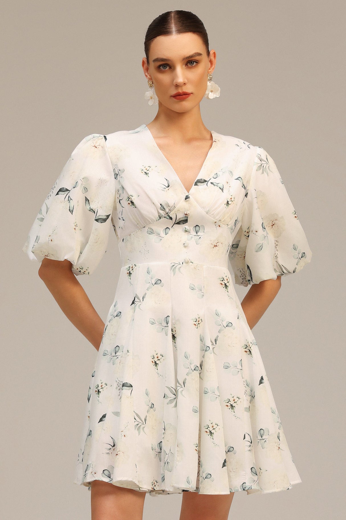 Katherine White Floral Print V-Neck Puff Sleeve Dress