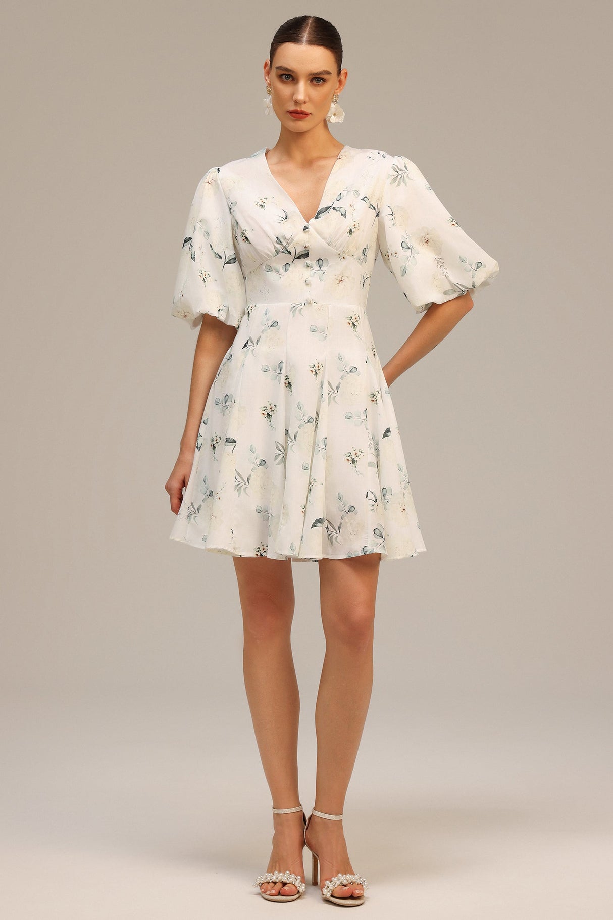Katherine White Floral Print V-Neck Puff Sleeve Dress