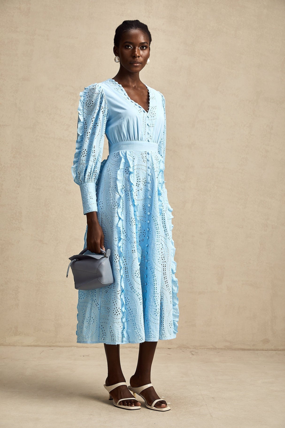 Kayla Midi Dress Blue Ruffled Balloon Sleeves Openwork Detailing Zip Back & Front Buttons