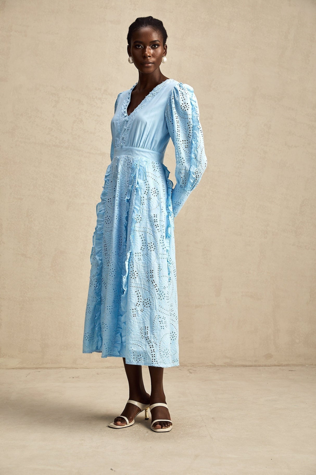 Kayla Midi Dress Blue Ruffled Balloon Sleeves Openwork Detailing Zip Back & Front Buttons