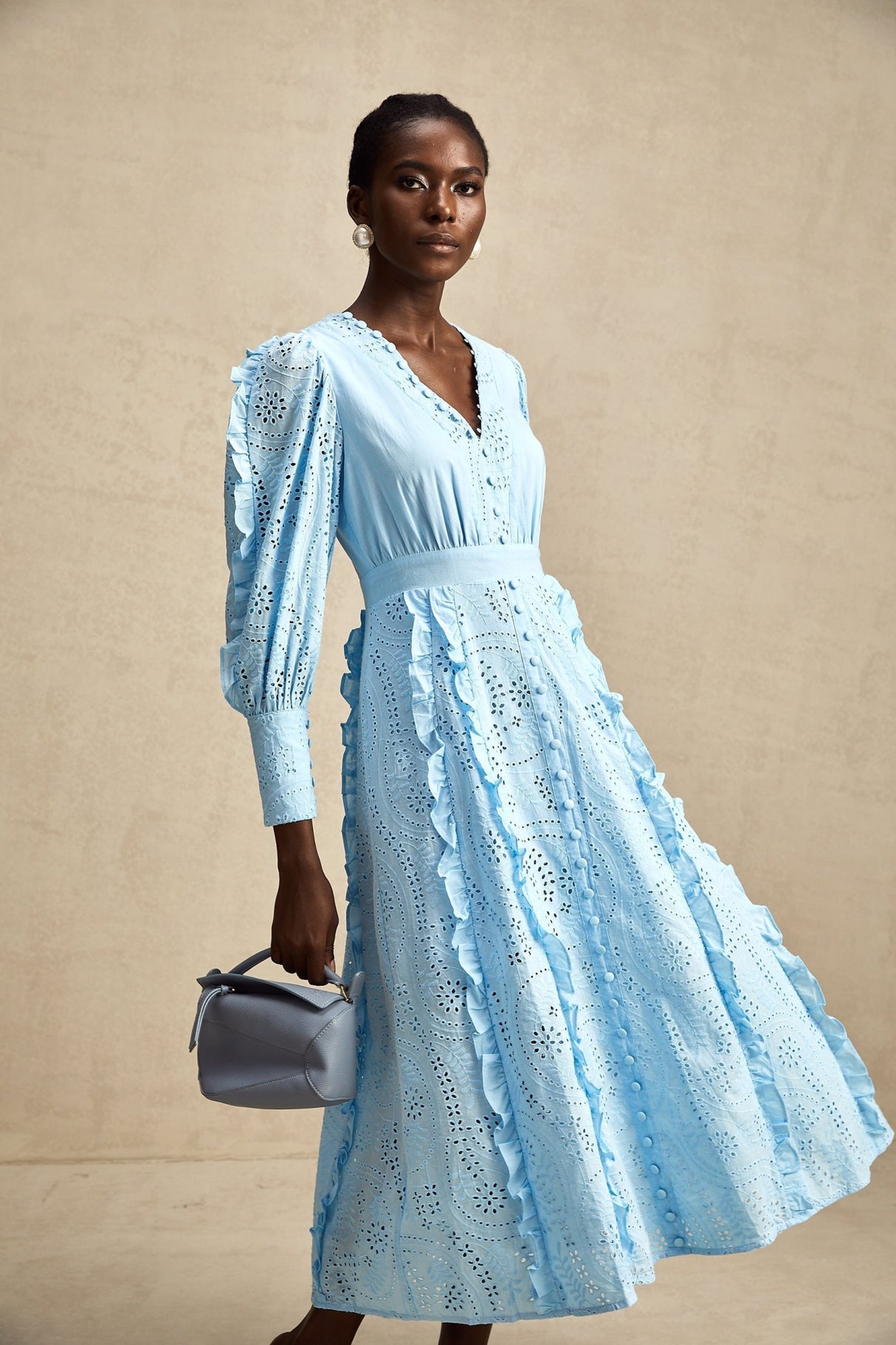 Kayla Midi Dress Blue Ruffled Balloon Sleeves Openwork Detailing Zip Back & Front Buttons