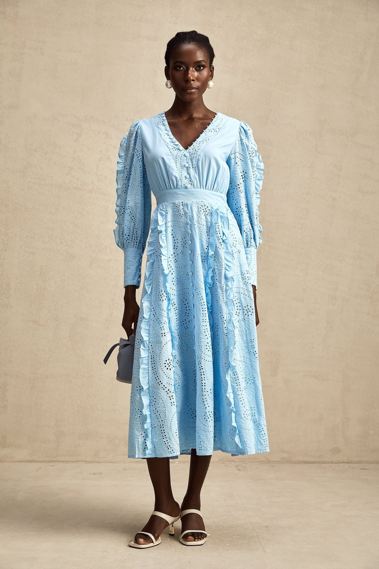 Kayla Midi Dress Blue Ruffled Balloon Sleeves Openwork Detailing Zip Back & Front Buttons