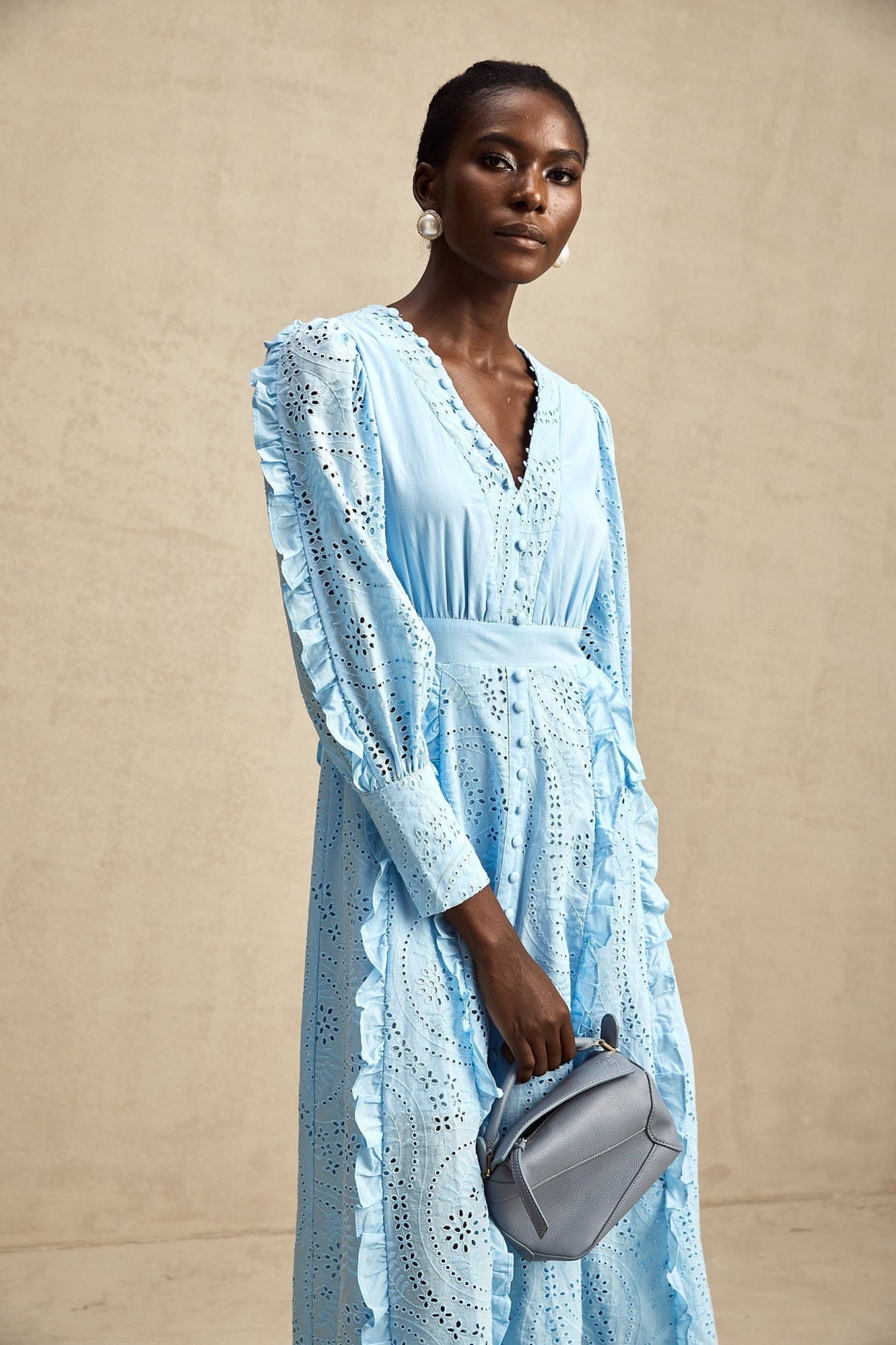 Kayla Midi Dress Blue Ruffled Balloon Sleeves Openwork Detailing Zip Back & Front Buttons