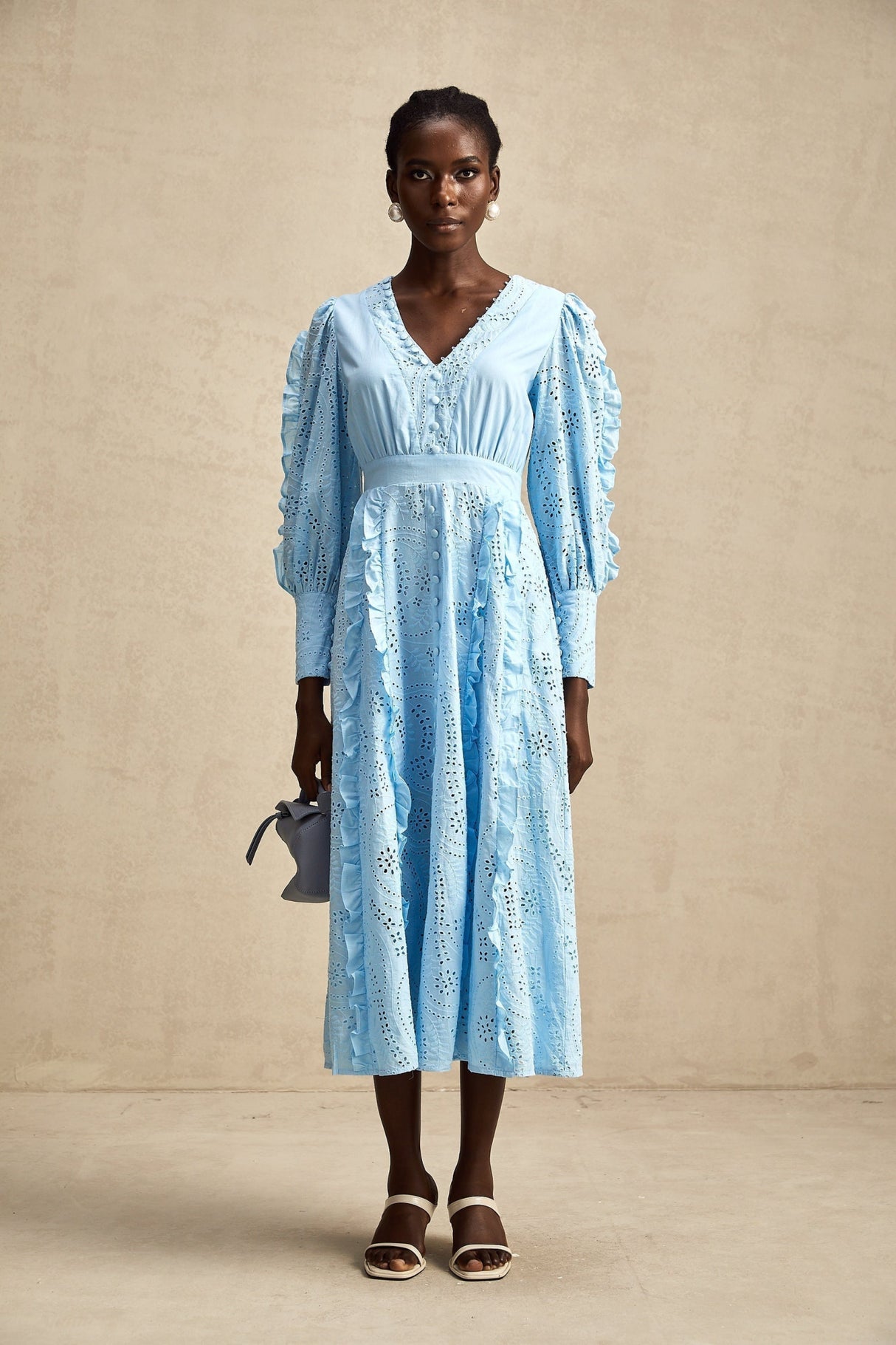 Kayla Midi Dress Blue Ruffled Balloon Sleeves Openwork Detailing Zip Back & Front Buttons