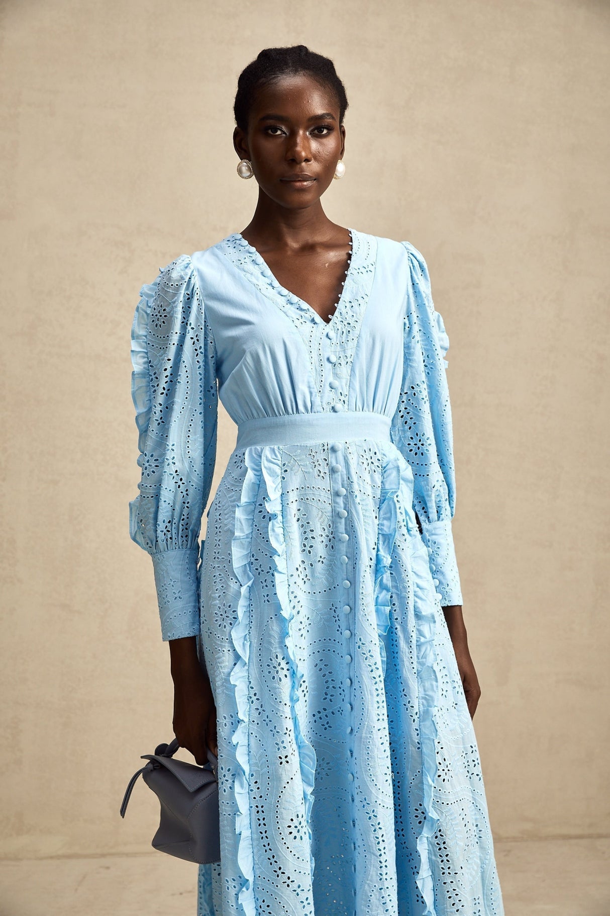 Kayla Midi Dress Blue Ruffled Balloon Sleeves Openwork Detailing Zip Back & Front Buttons