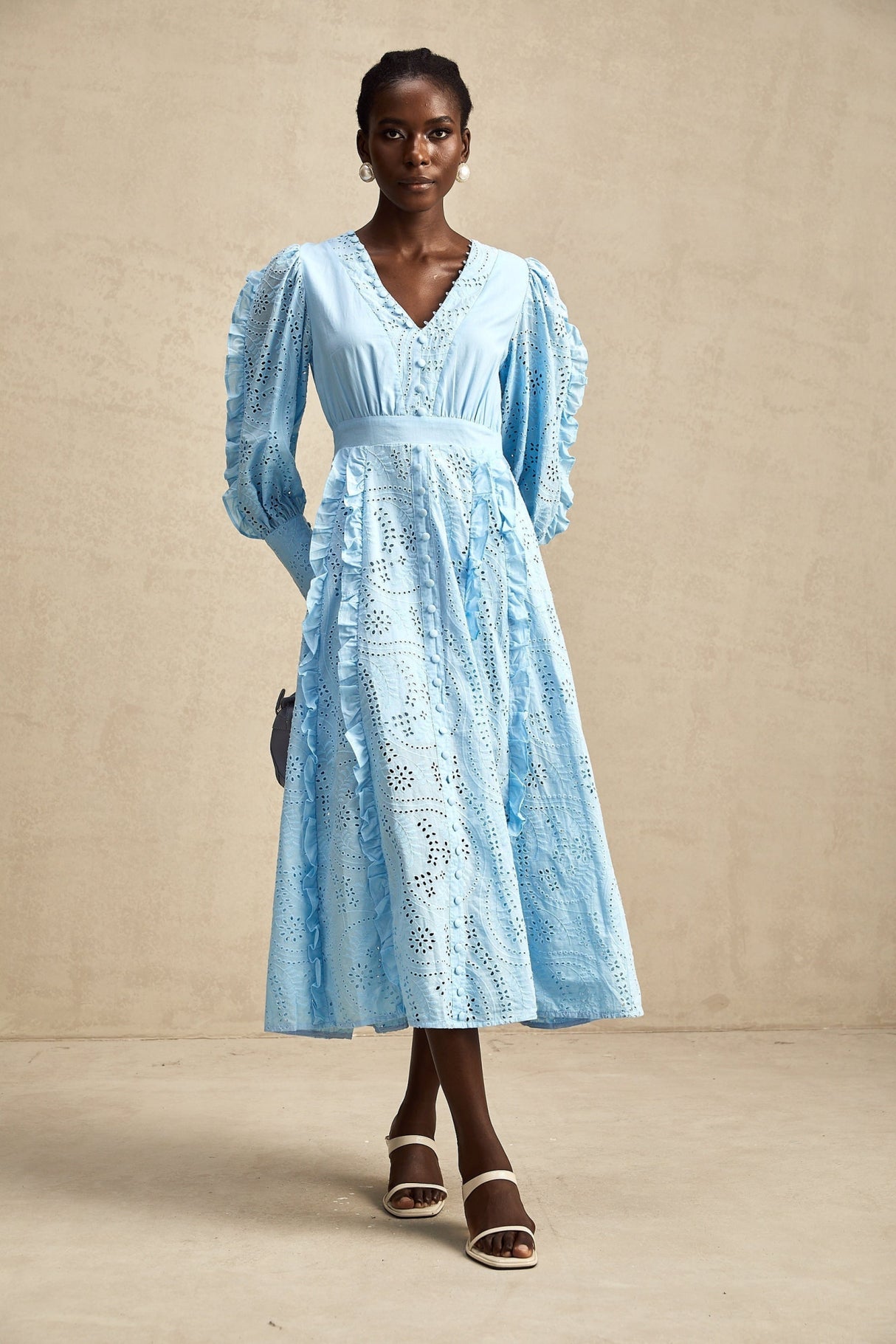 Kayla Midi Dress - V - neck - Long Balloon Sleeves - Ruffled and Open - work Detailing