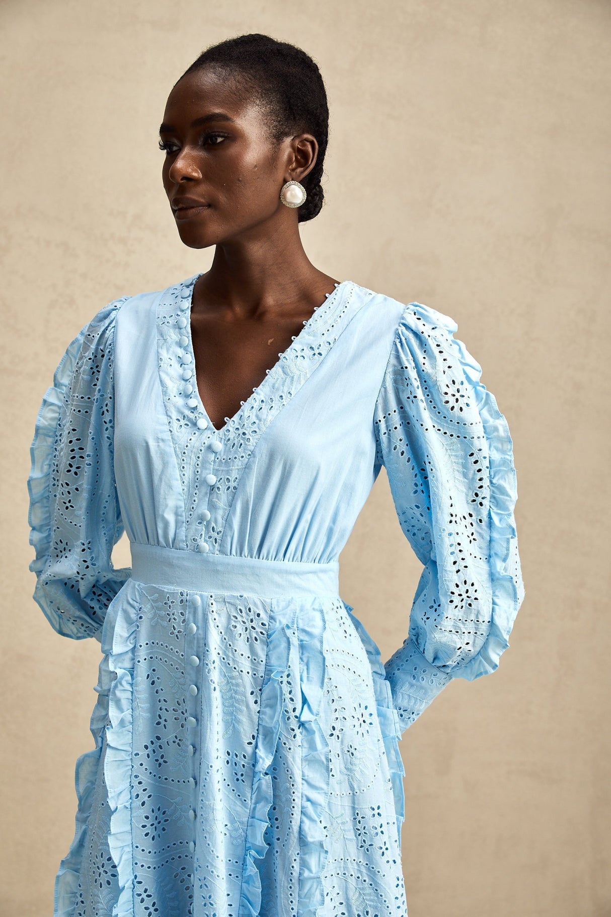 Kayla Midi Dress - V - neck - Long Balloon Sleeves - Ruffled and Open - work Detailing