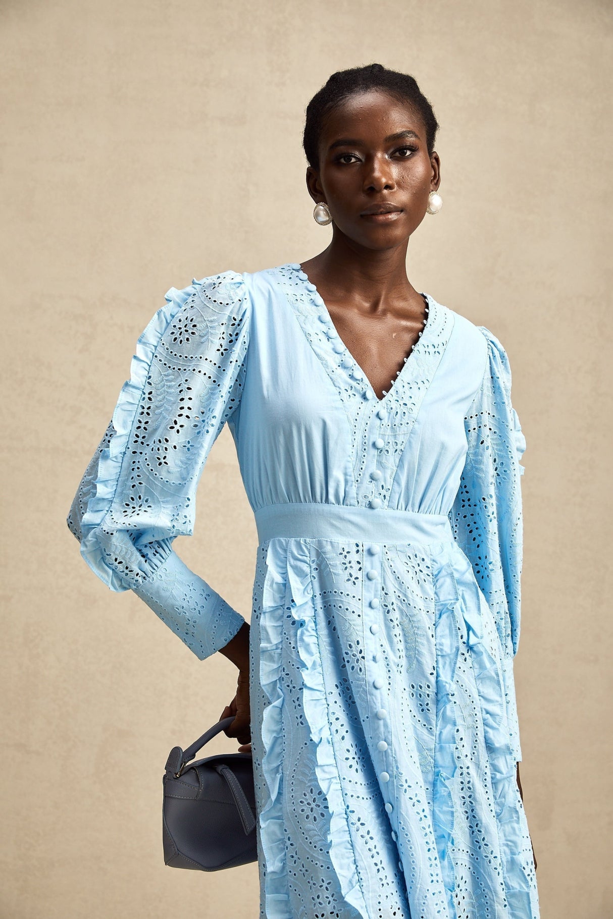 Kayla Midi Dress - V - neck - Long Balloon Sleeves - Ruffled and Open - work Detailing