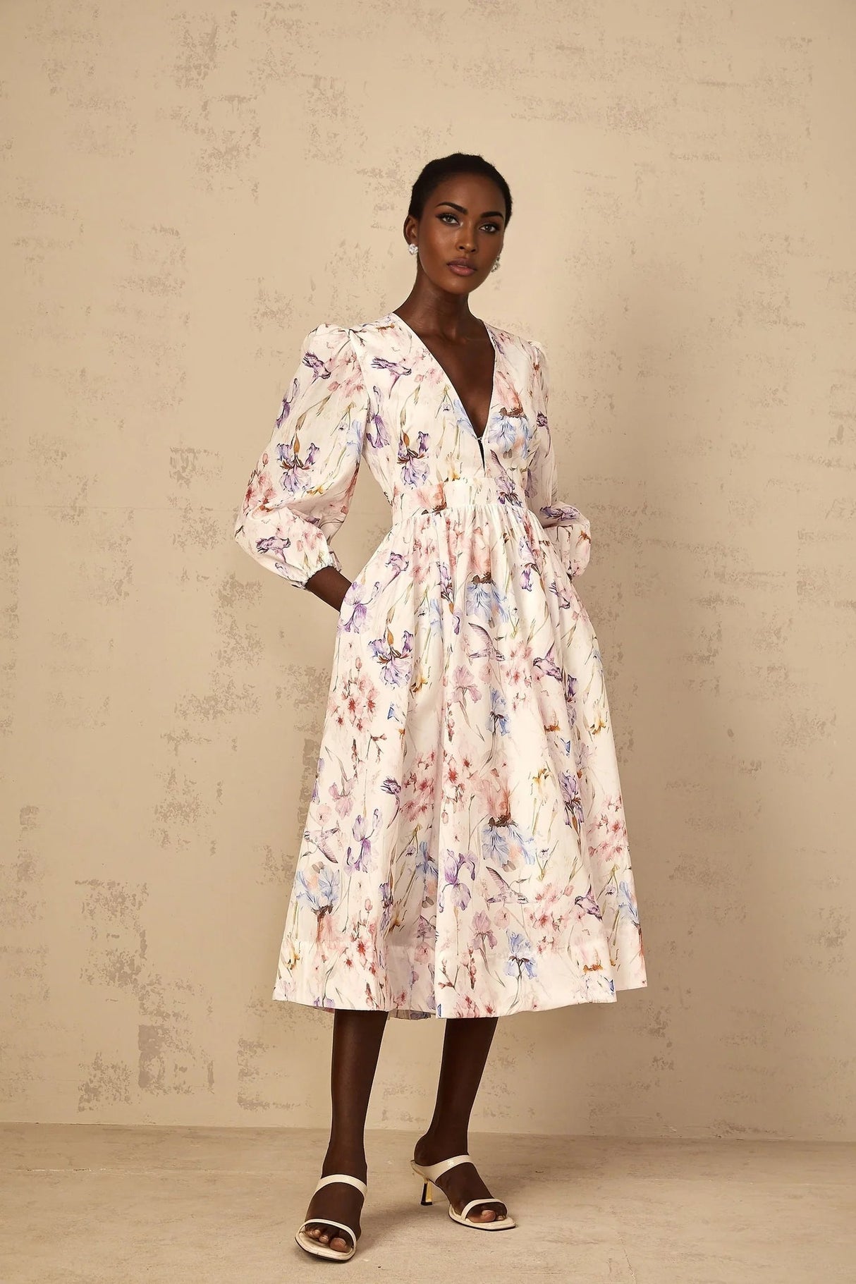 Kayla Midi Dress White Floral Print V - Neck Cinched Waist Puff Sleeves