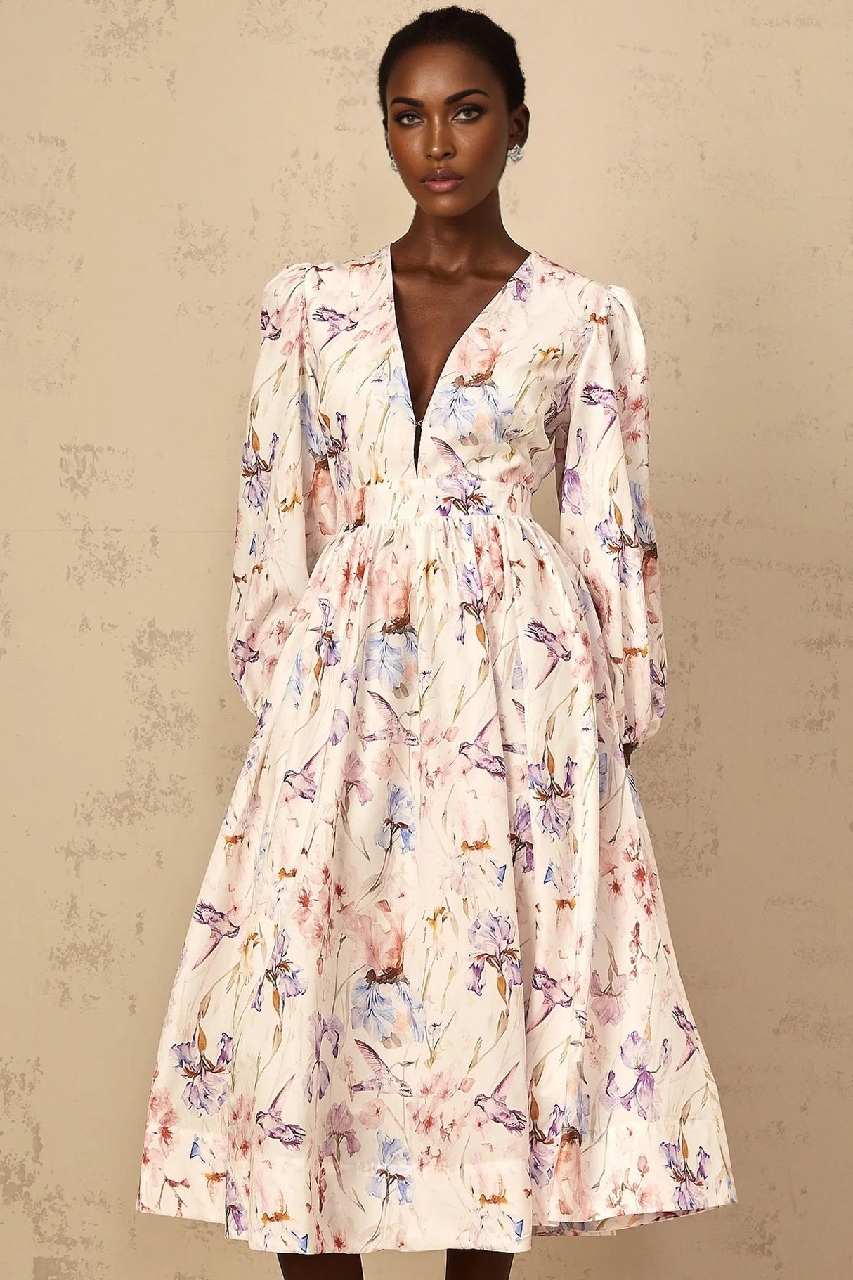 Kayla Midi Dress White Floral Print V - Neck Cinched Waist Puff Sleeves