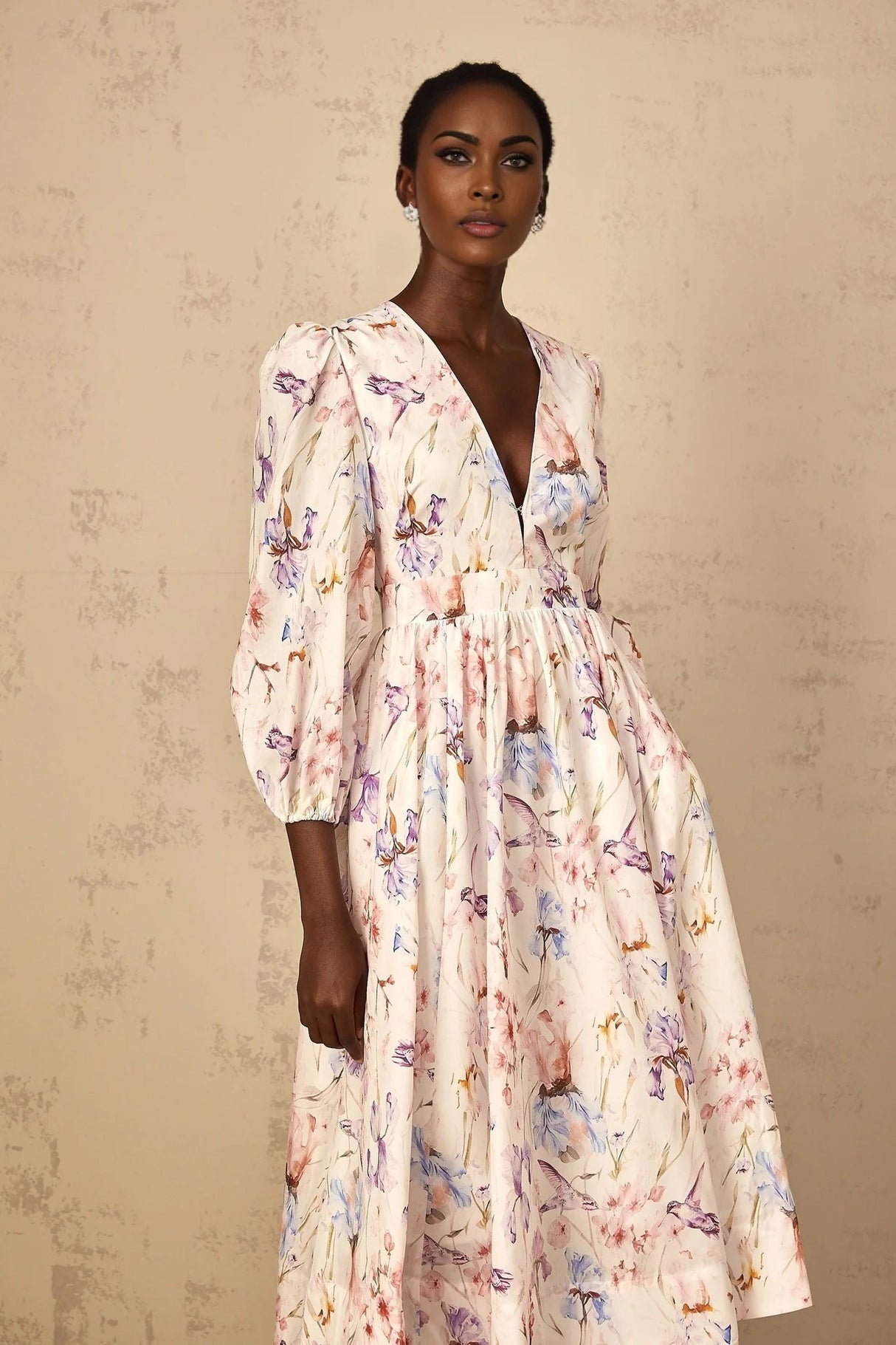 Kayla Midi Dress White Floral Print V - Neck Cinched Waist Puff Sleeves